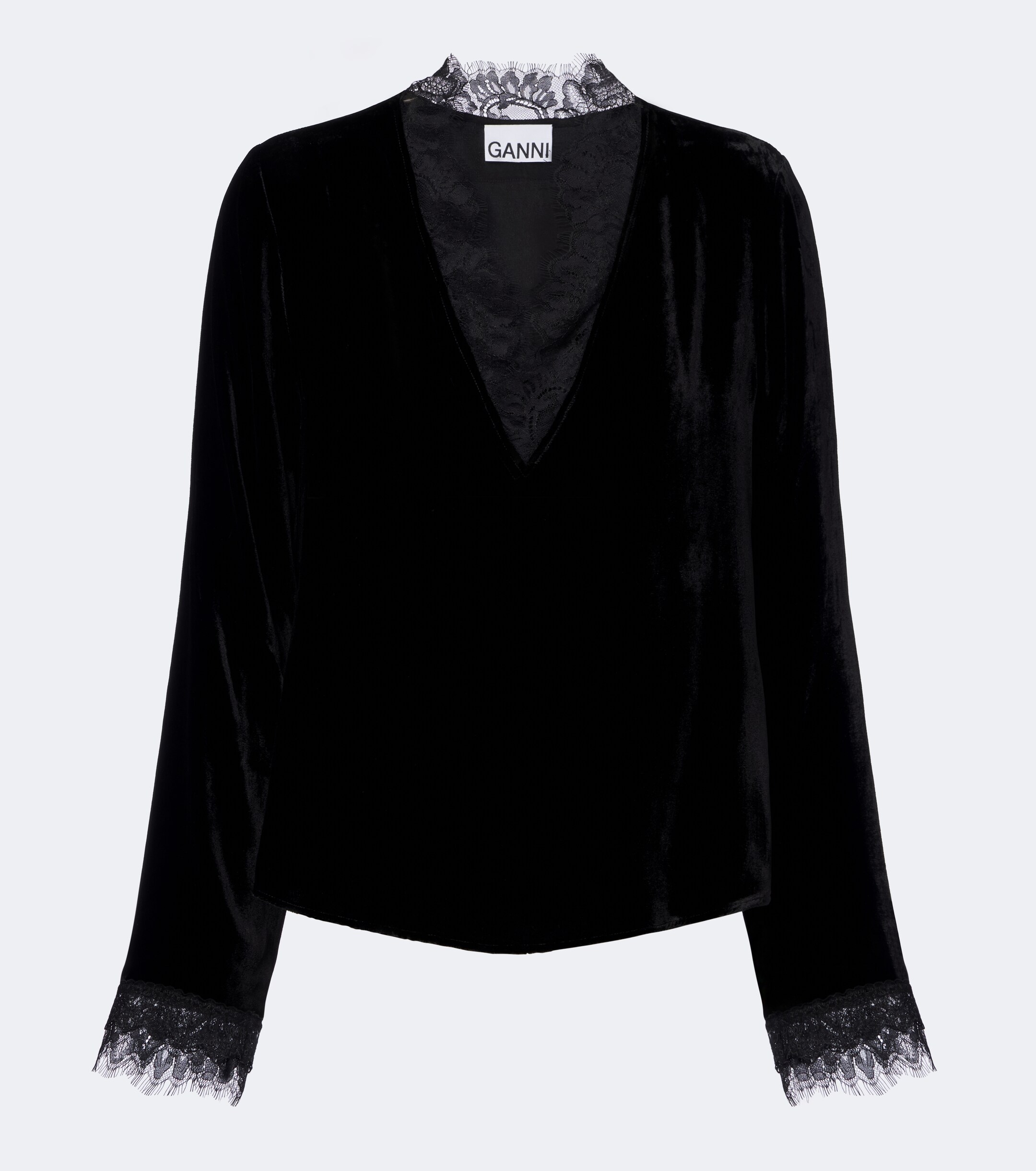 GANNI Ganni Lace-trimmed velvet top