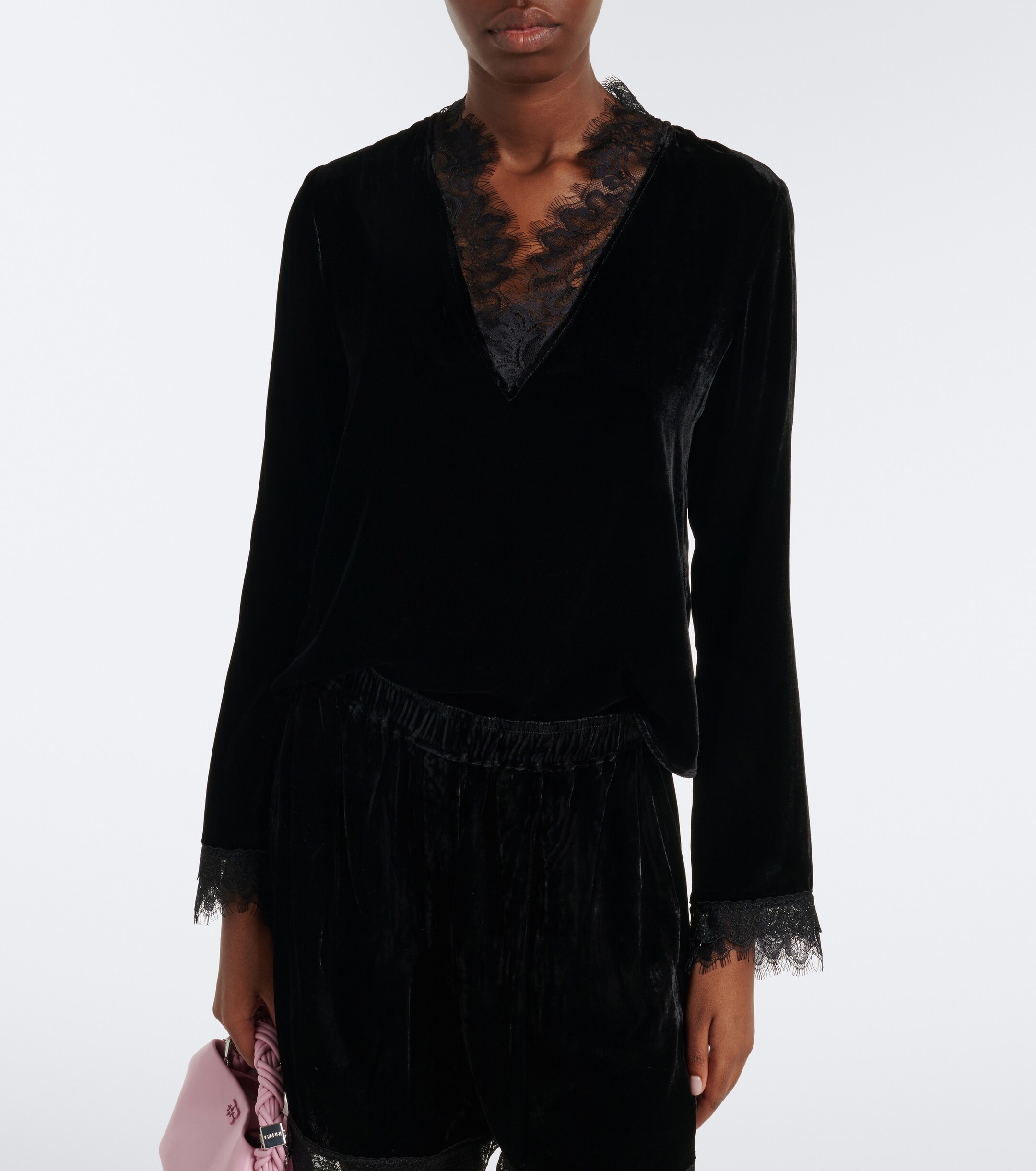 GANNI Ganni Lace-trimmed velvet top