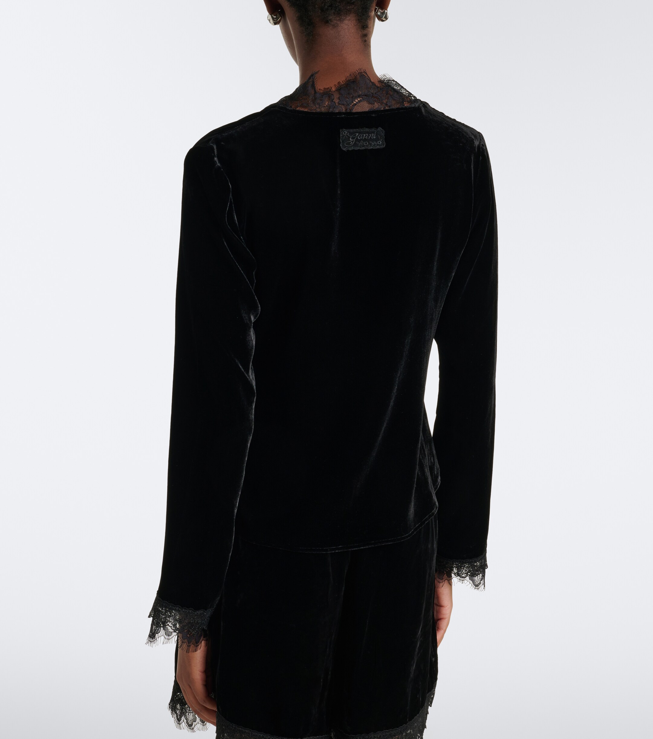 GANNI Ganni Lace-trimmed velvet top