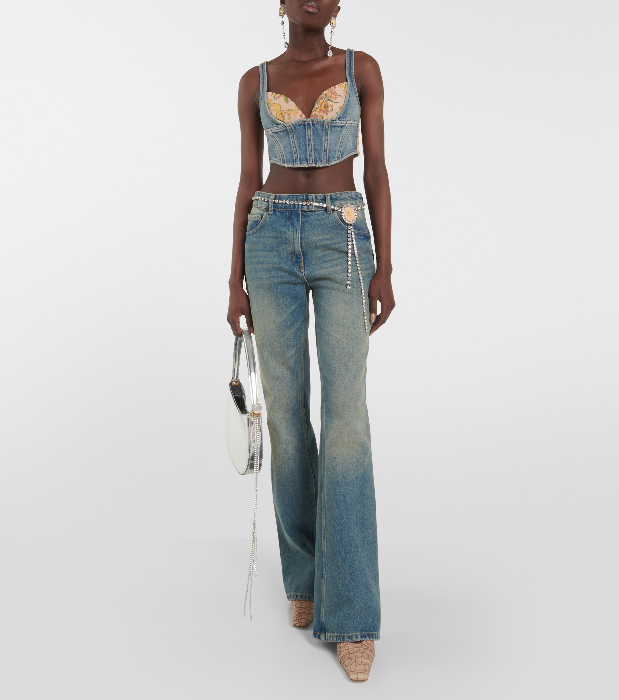Alessandra Rich Alessandra Rich Floral cropped denim bustier top
