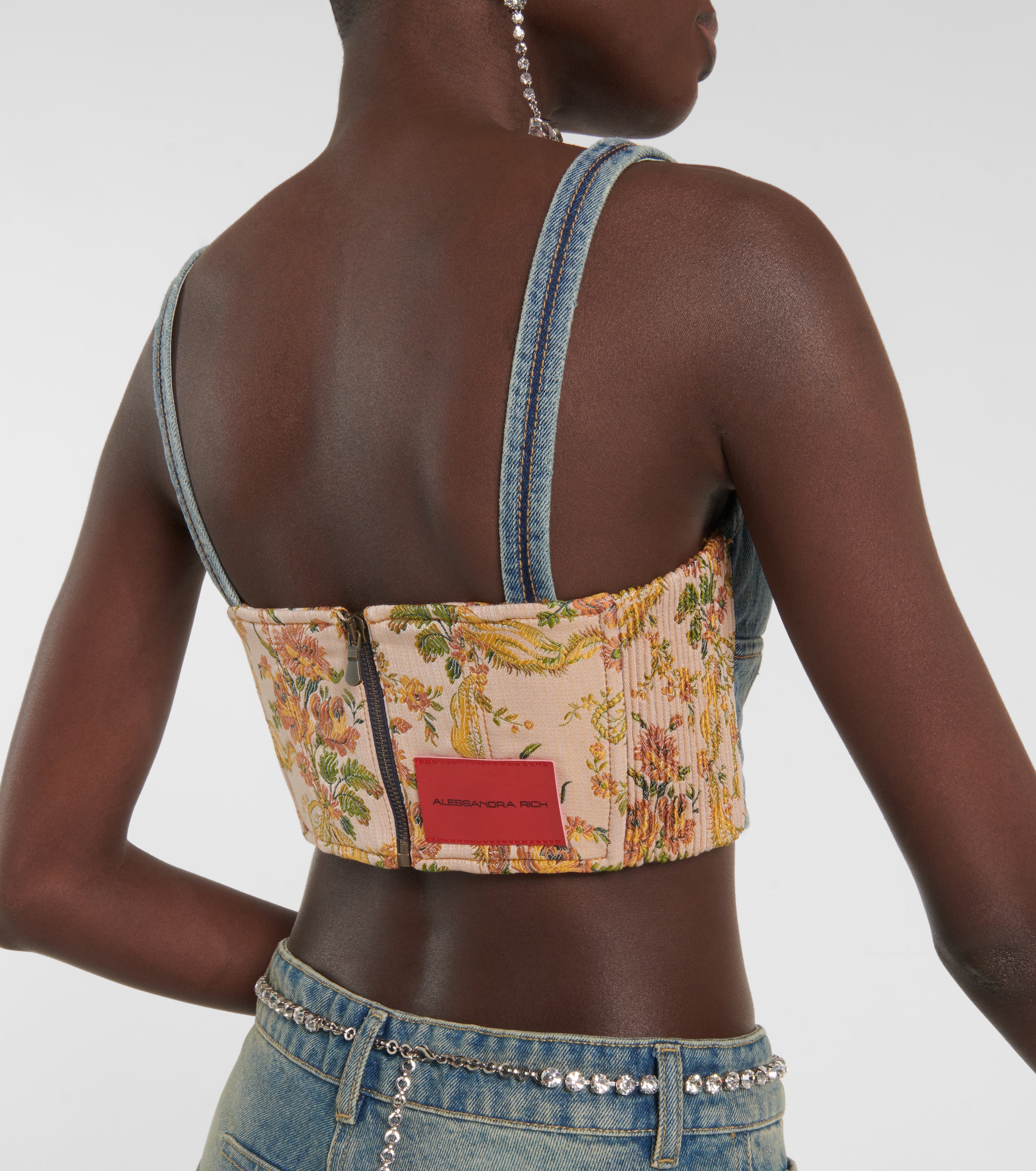 Alessandra Rich Alessandra Rich Floral cropped denim bustier top