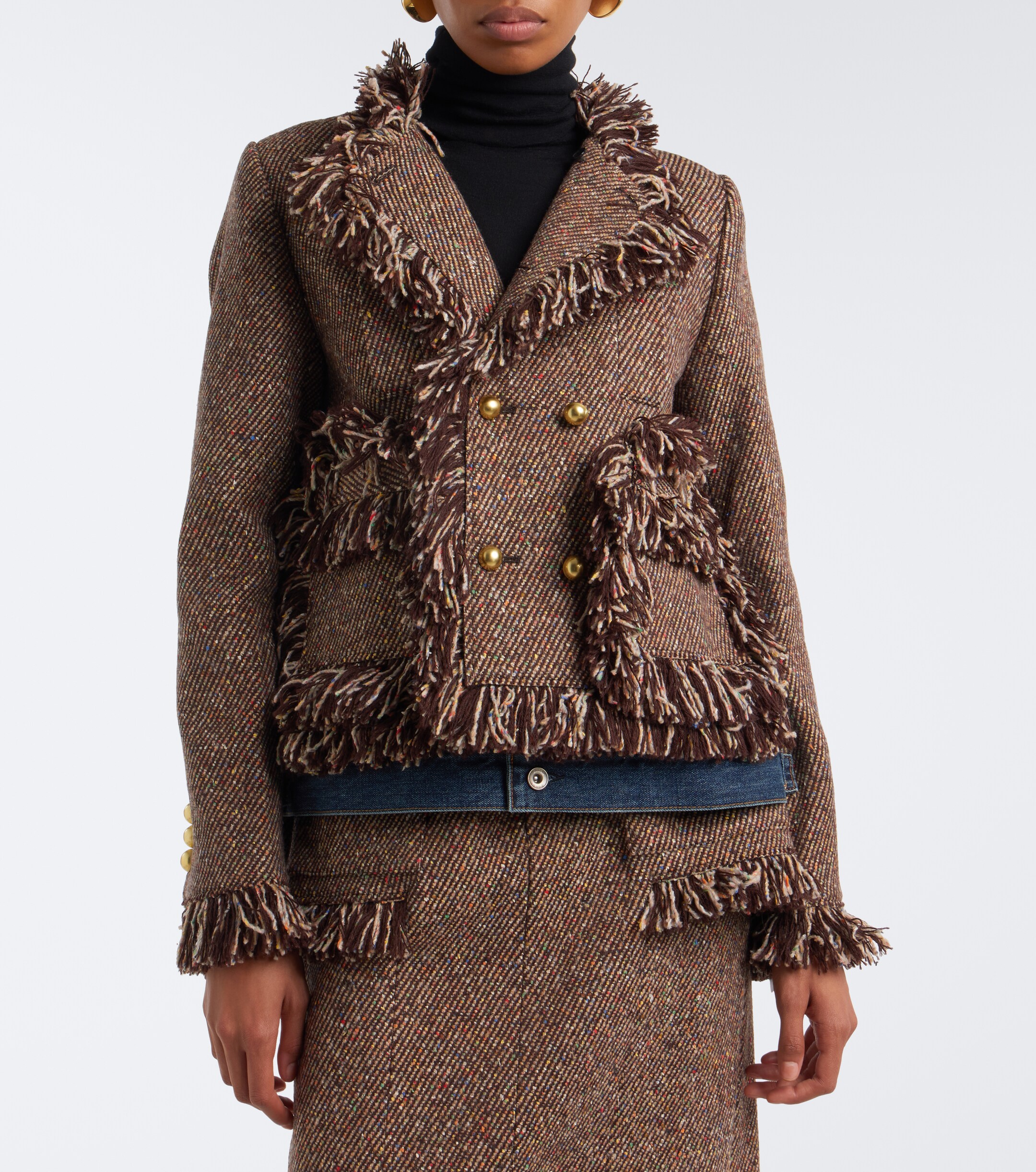 Sacai Sacai Fringed tweed and denim jacket