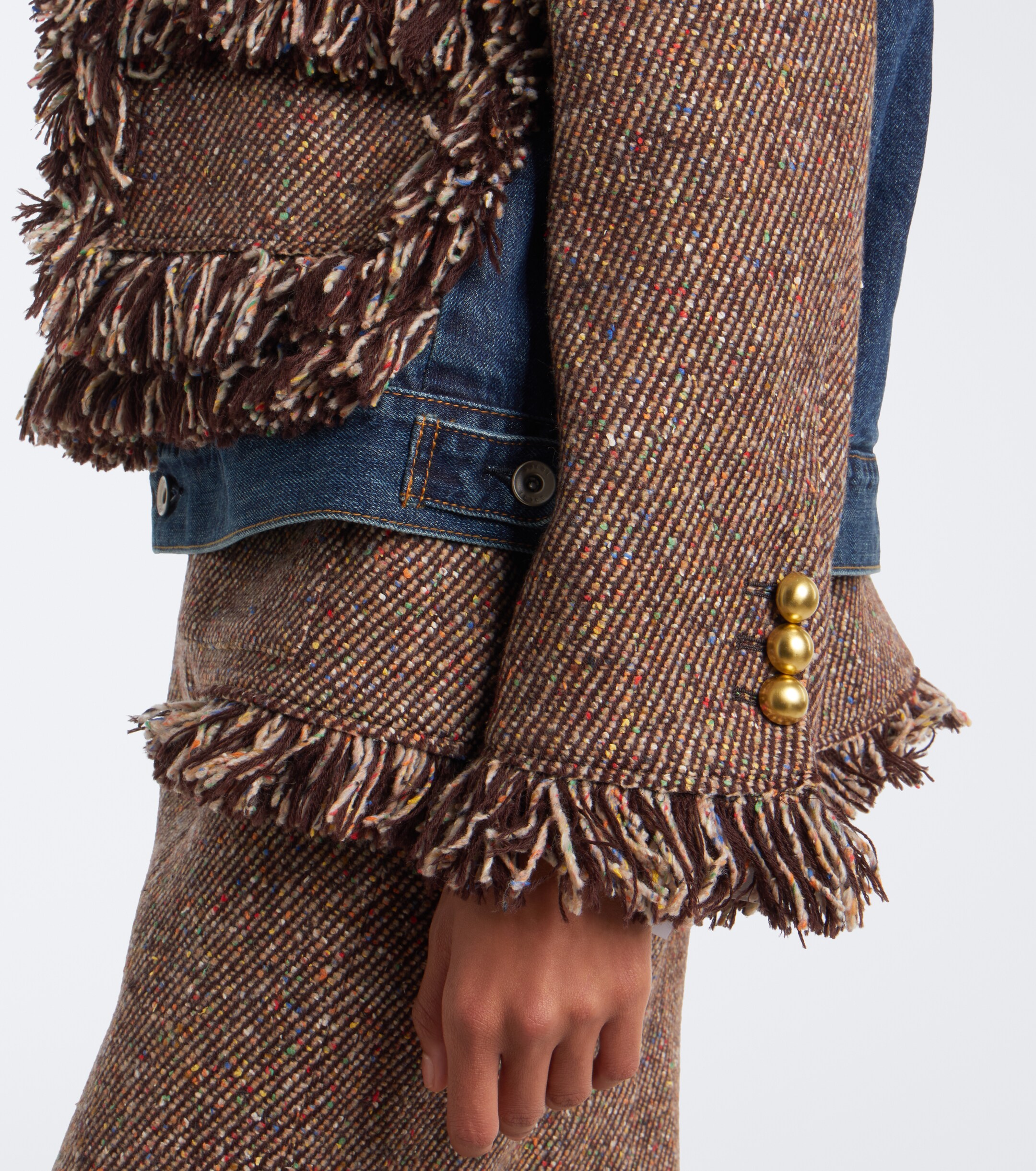 Sacai Sacai Fringed tweed and denim jacket