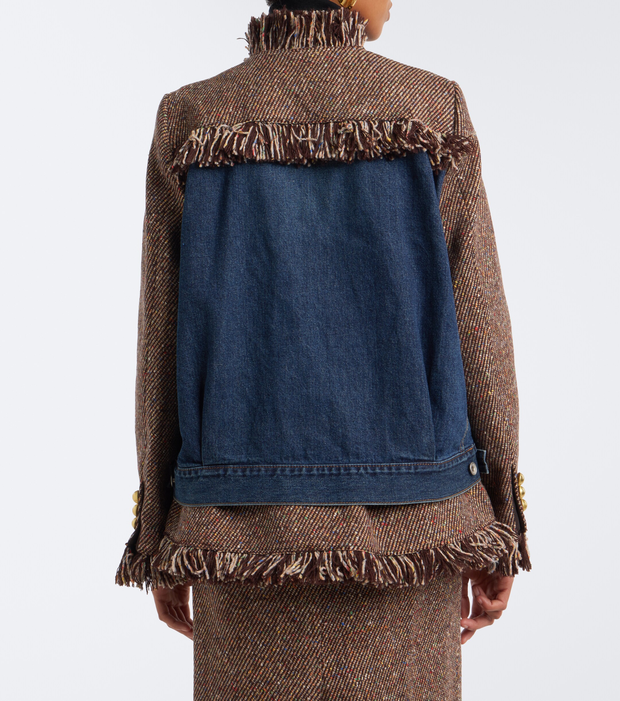 Sacai Sacai Fringed tweed and denim jacket