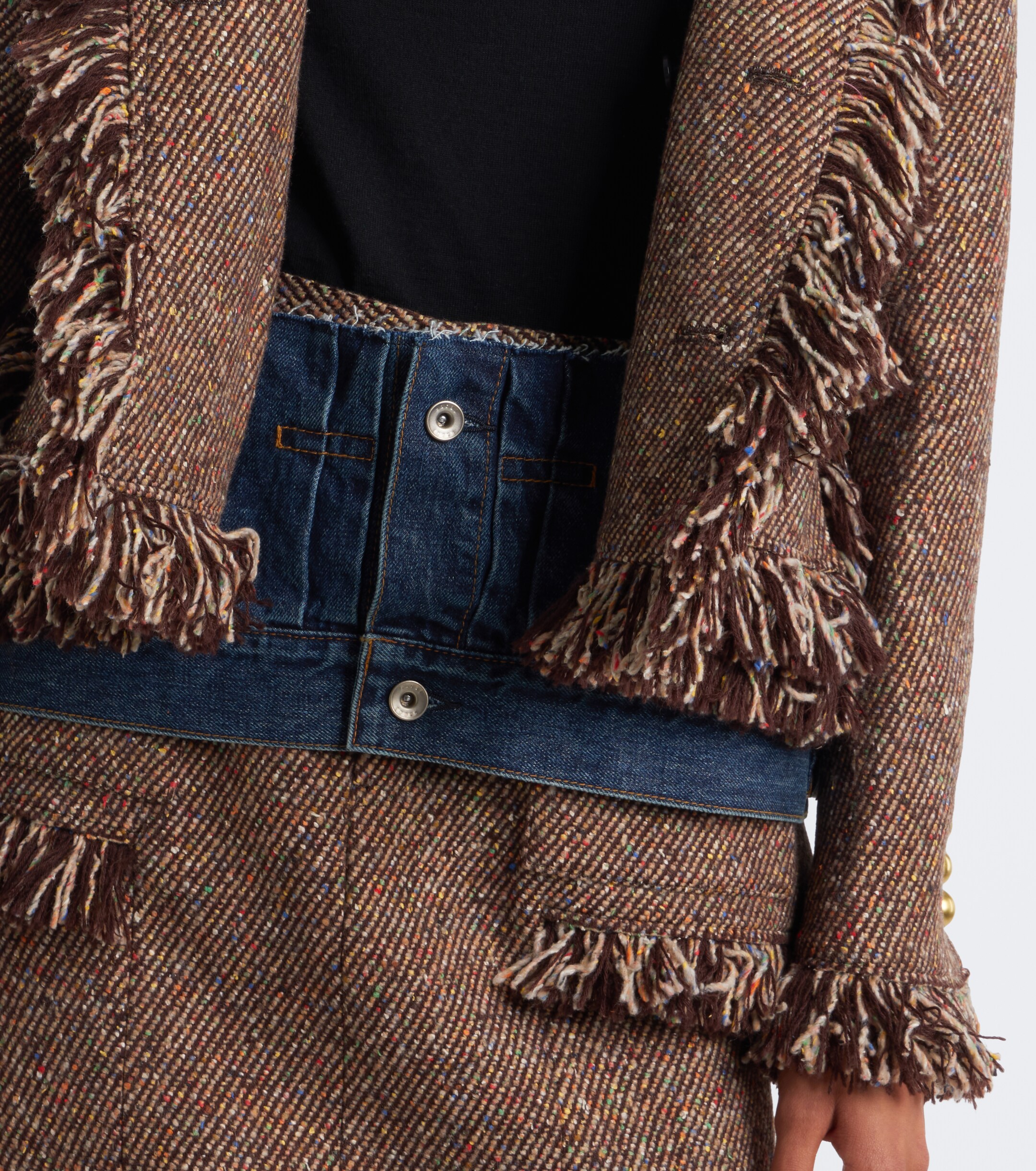 Sacai Sacai Fringed tweed and denim jacket
