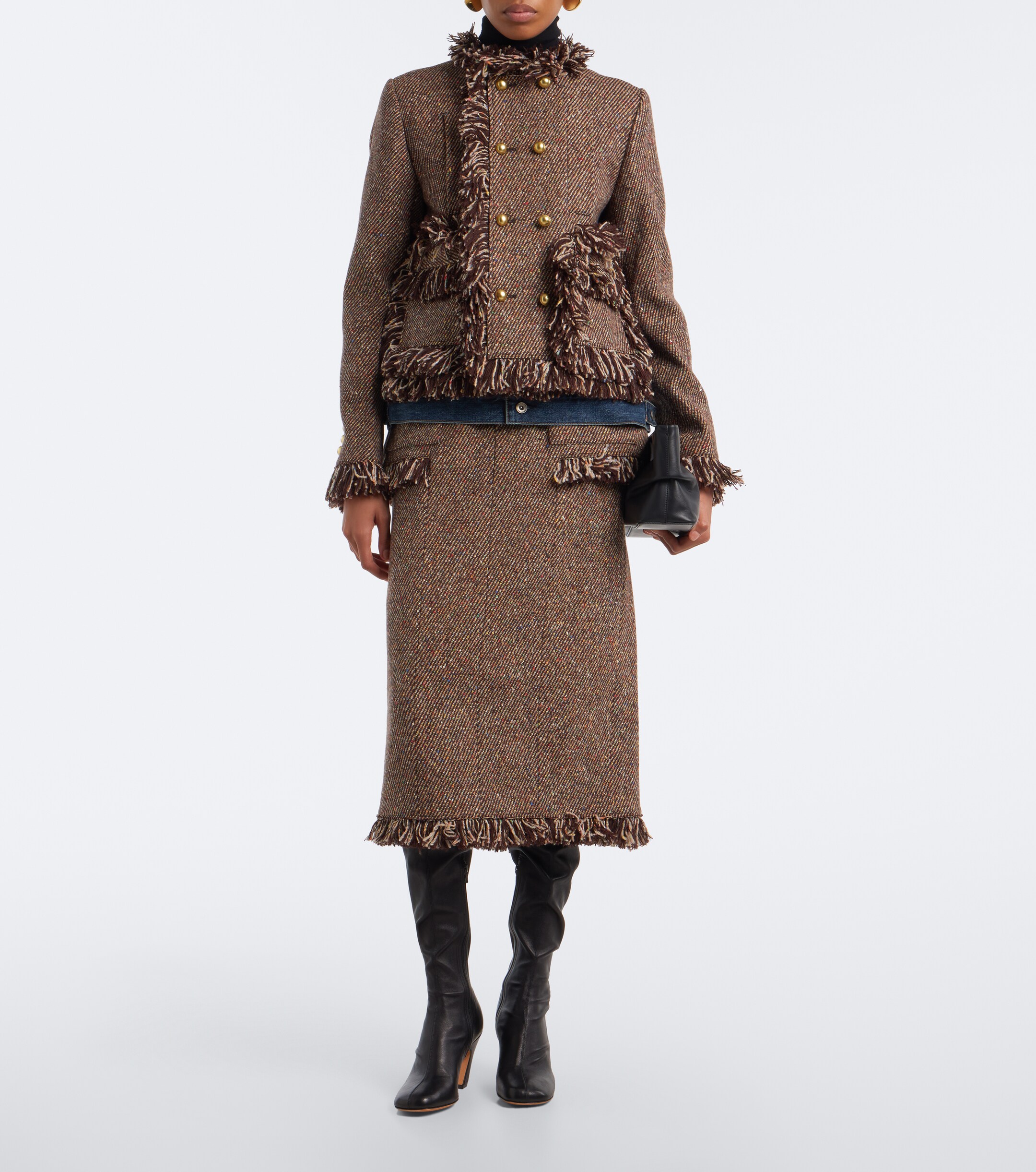 Sacai Sacai Fringed tweed and denim jacket
