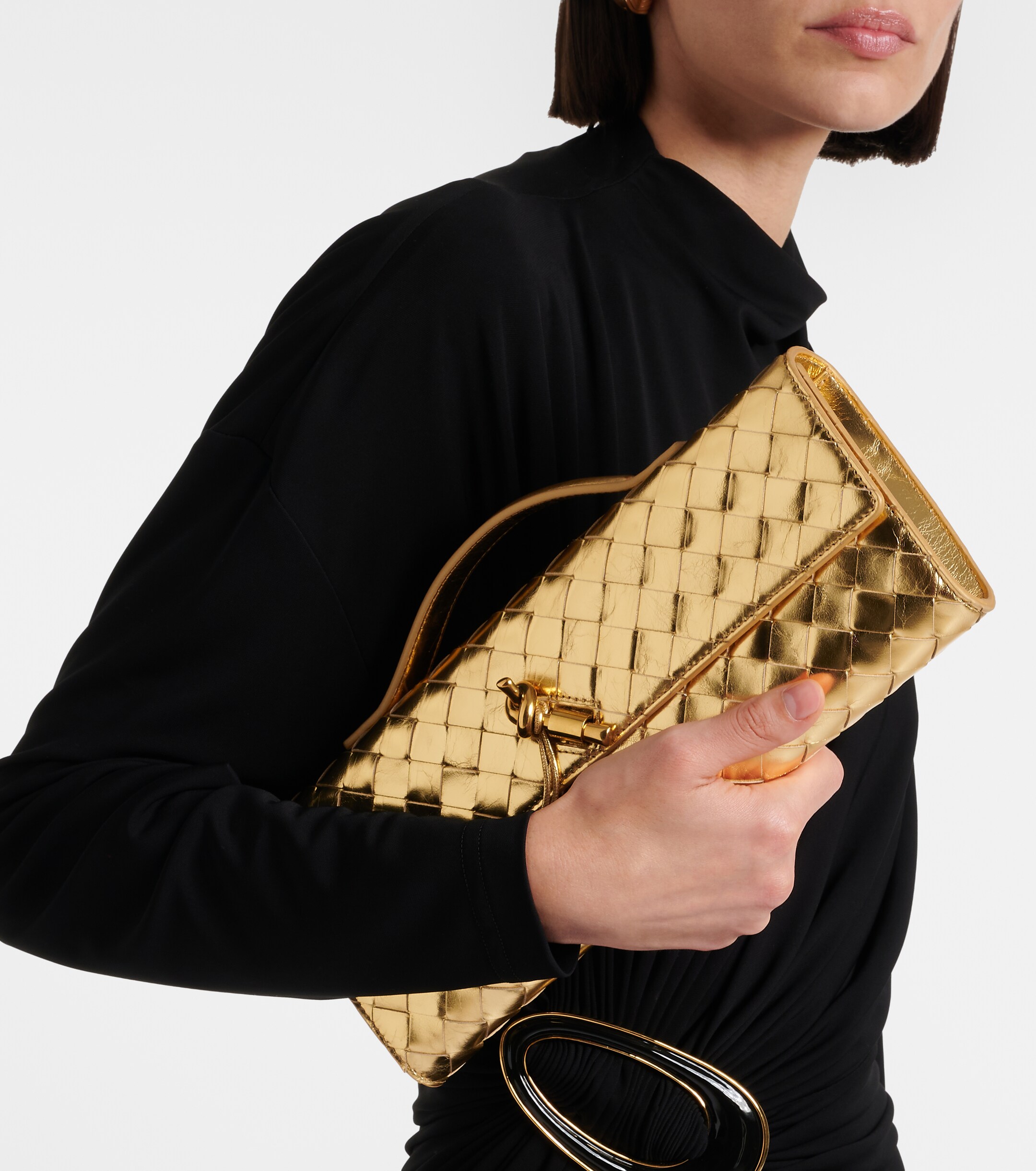 Bottega Veneta Andiamo Intrecciato metallic leather clutch