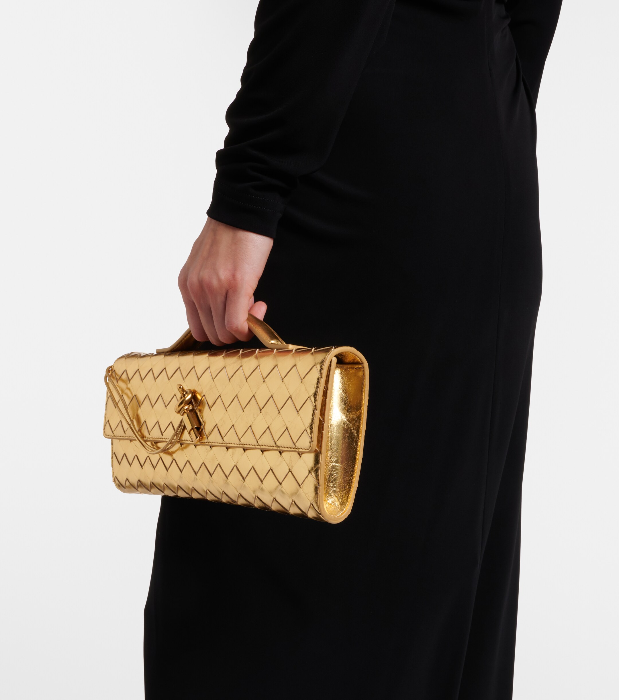 Bottega Veneta Andiamo Intrecciato metallic leather clutch