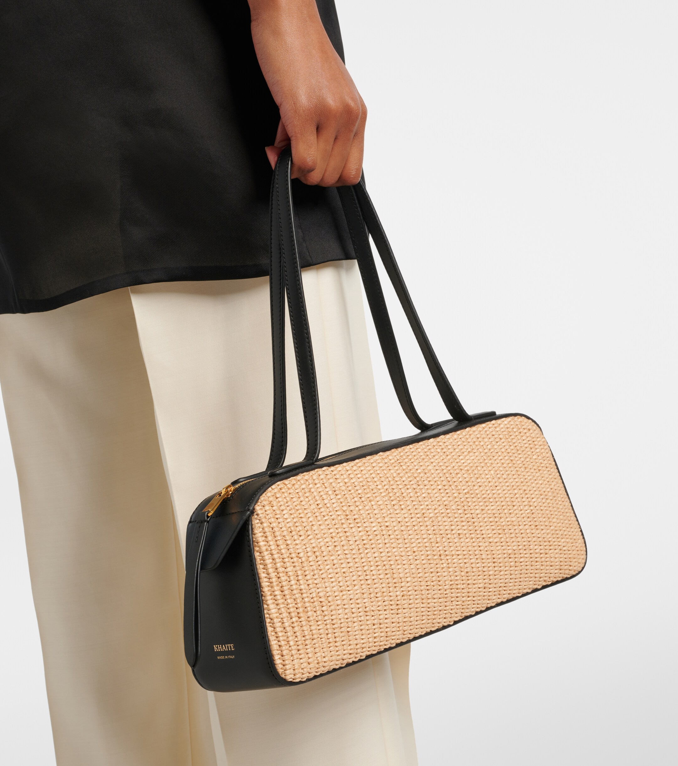 KHAITE Simona leather-trimmed raffia shoulder bag