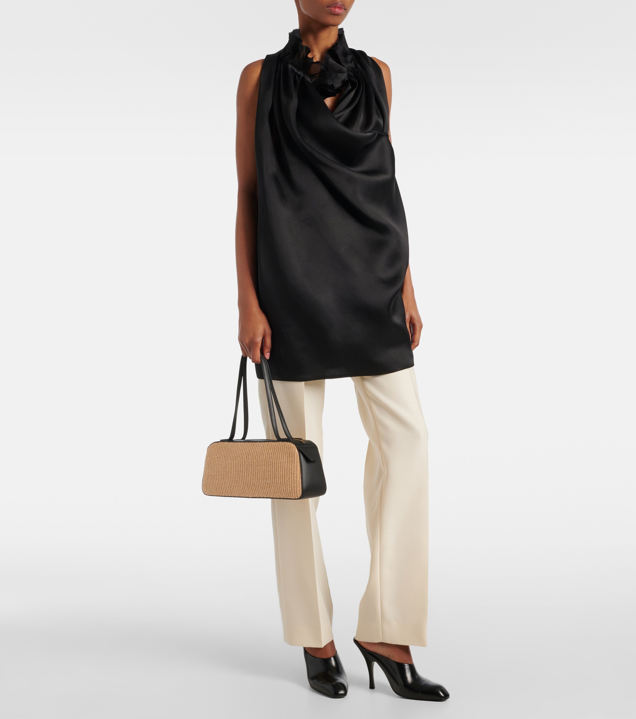 KHAITE Simona leather-trimmed raffia shoulder bag