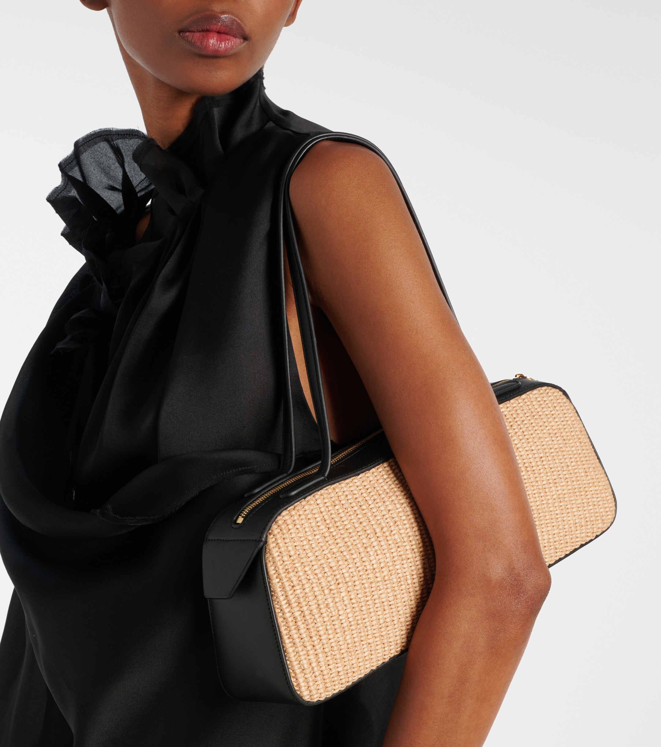 KHAITE Simona leather-trimmed raffia shoulder bag