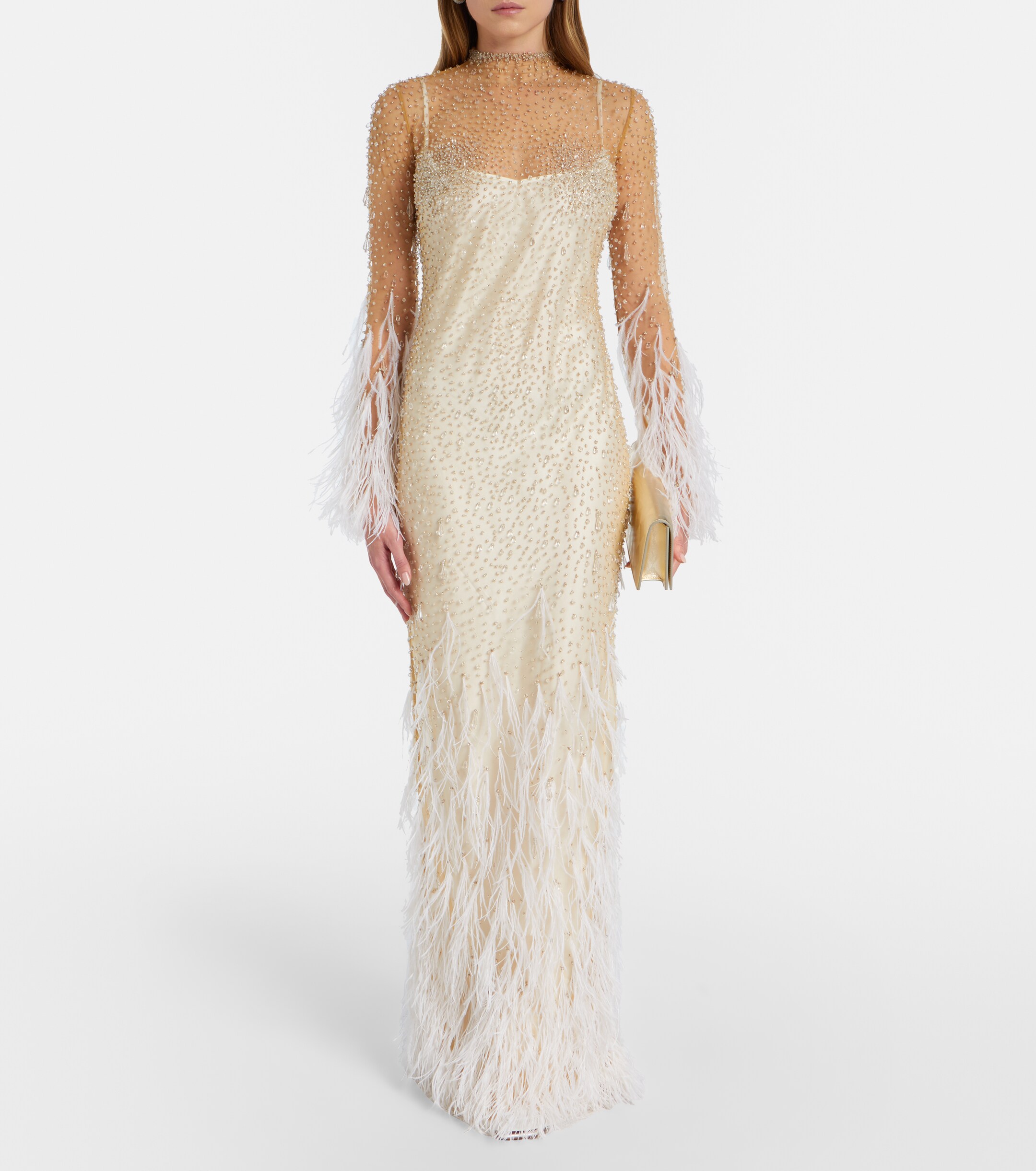 Clio Peppiatt Mia embellished feather-trimmed tulle gown