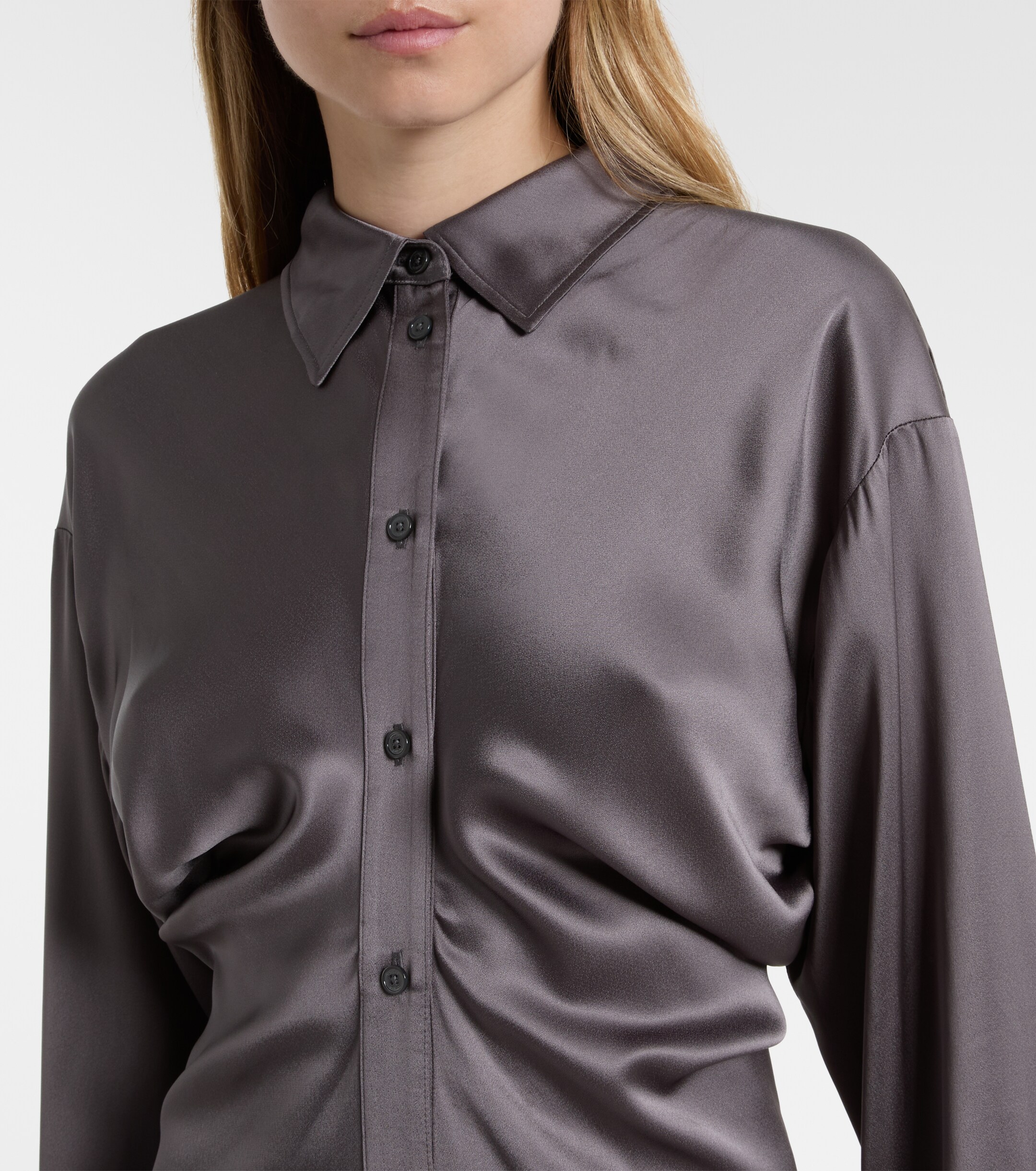 grey satin shirt dress Donna Karan Women's Satin Midi Shirt Dress in Weathered Sage Green, Size 14