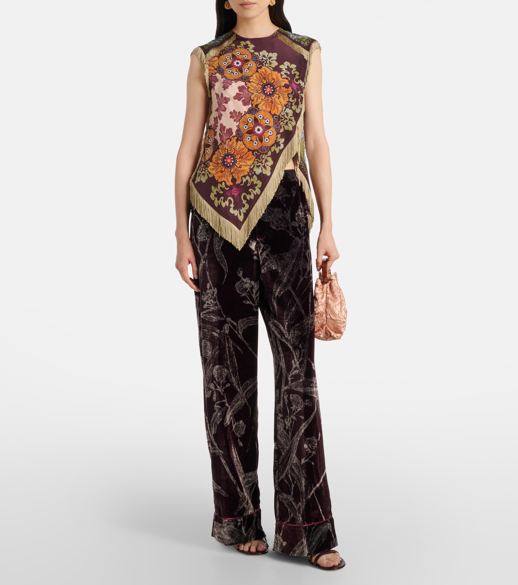 La DoubleJ Scarf floral fringed silk top