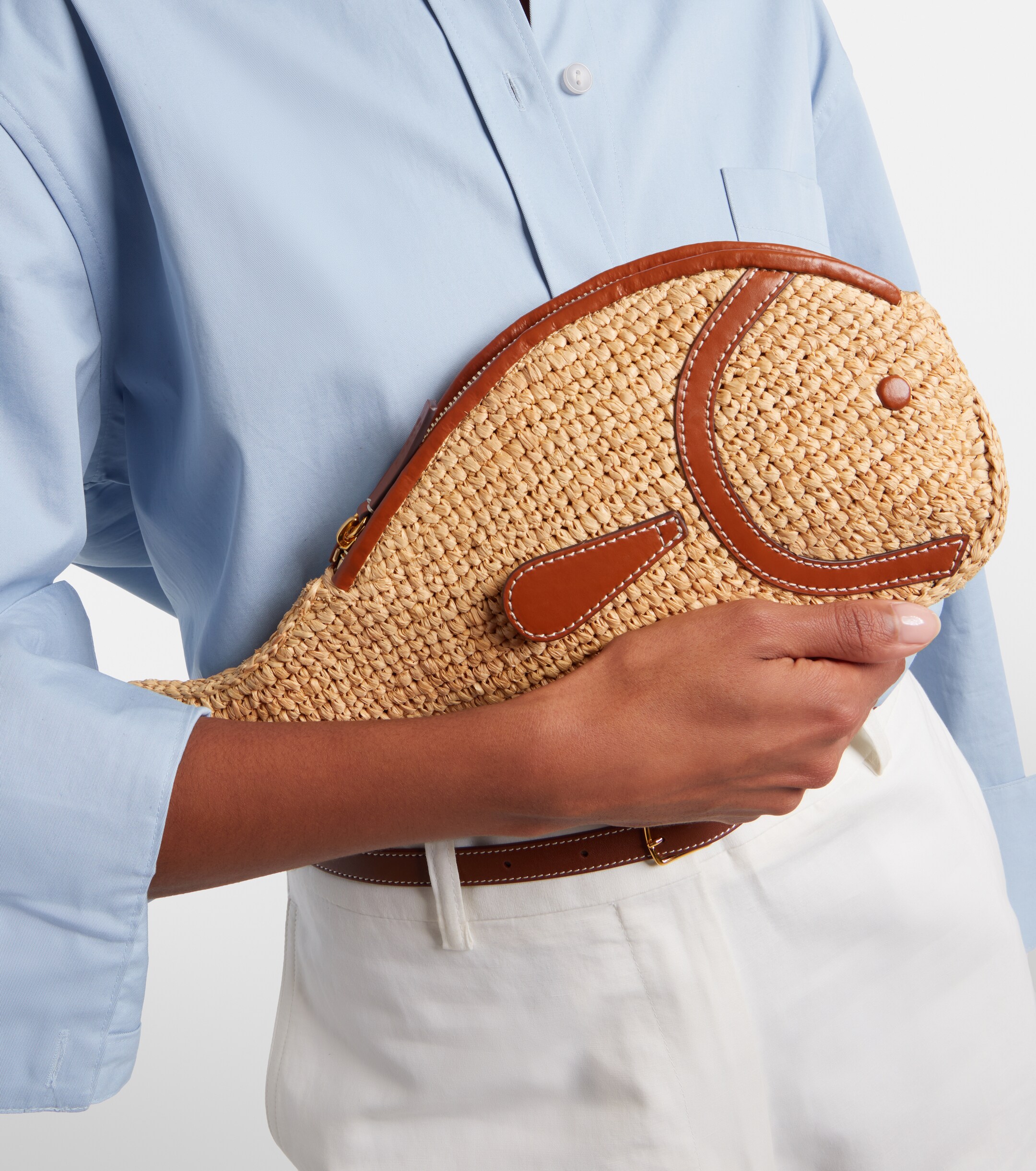 Staud Pesce leather-trimmed raffia clutch