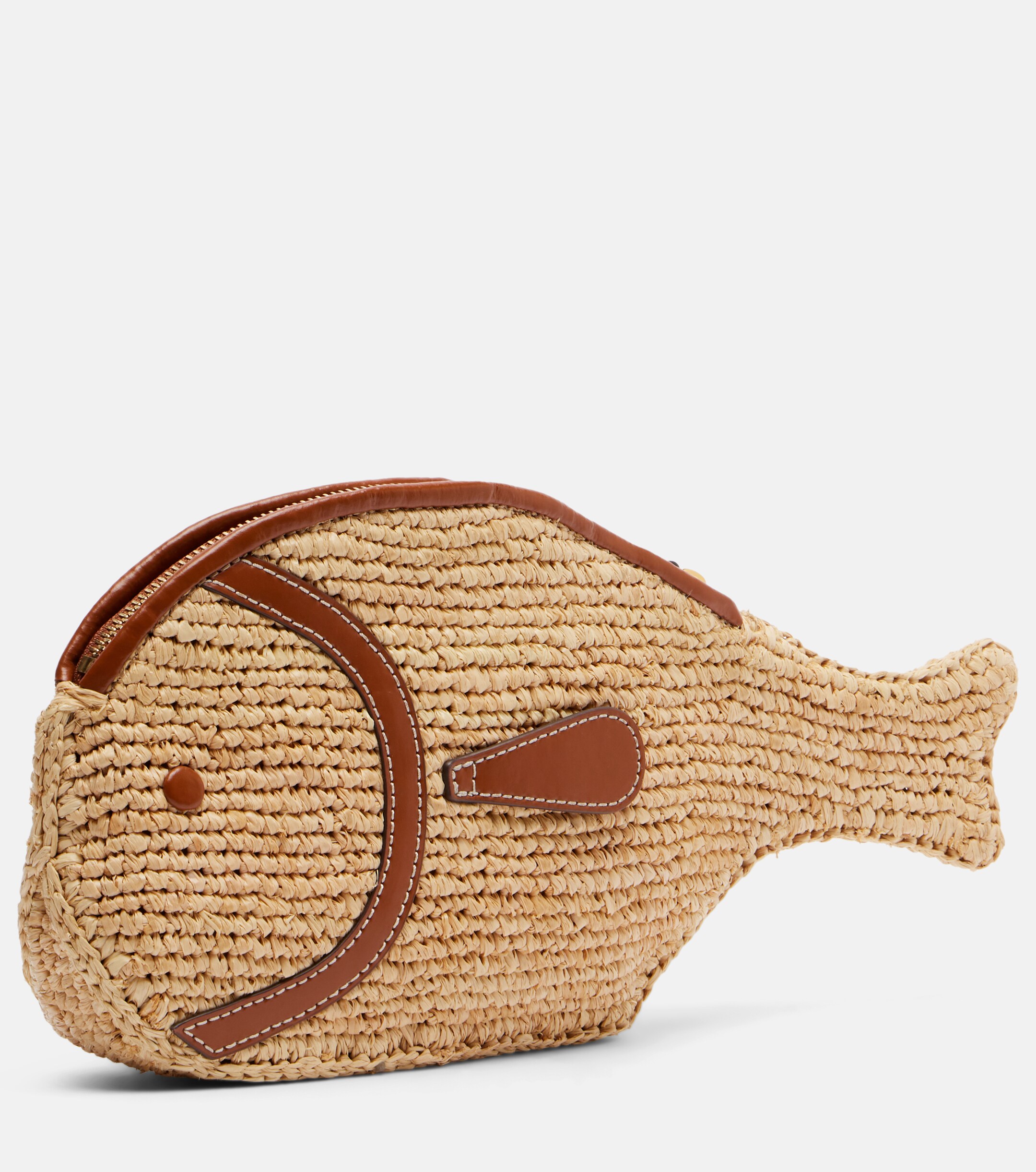 Staud Pesce leather-trimmed raffia clutch