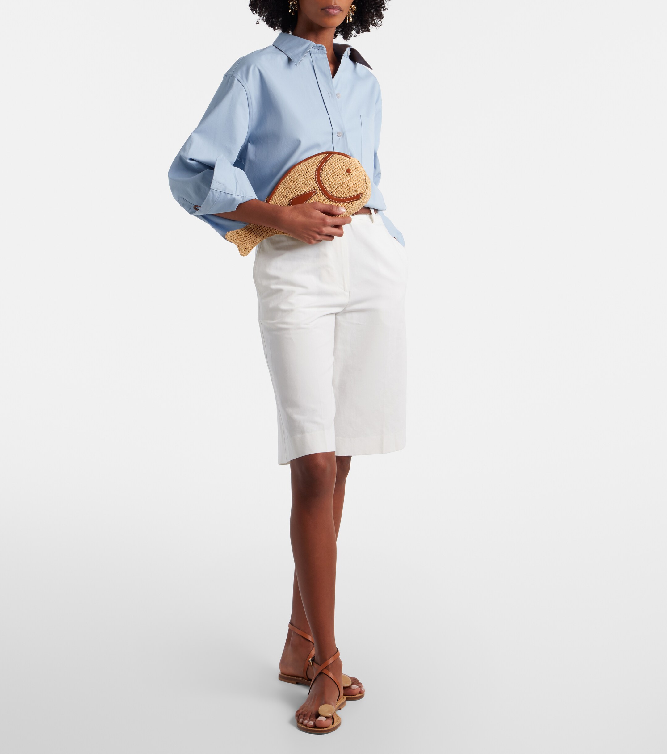 Staud Pesce leather-trimmed raffia clutch
