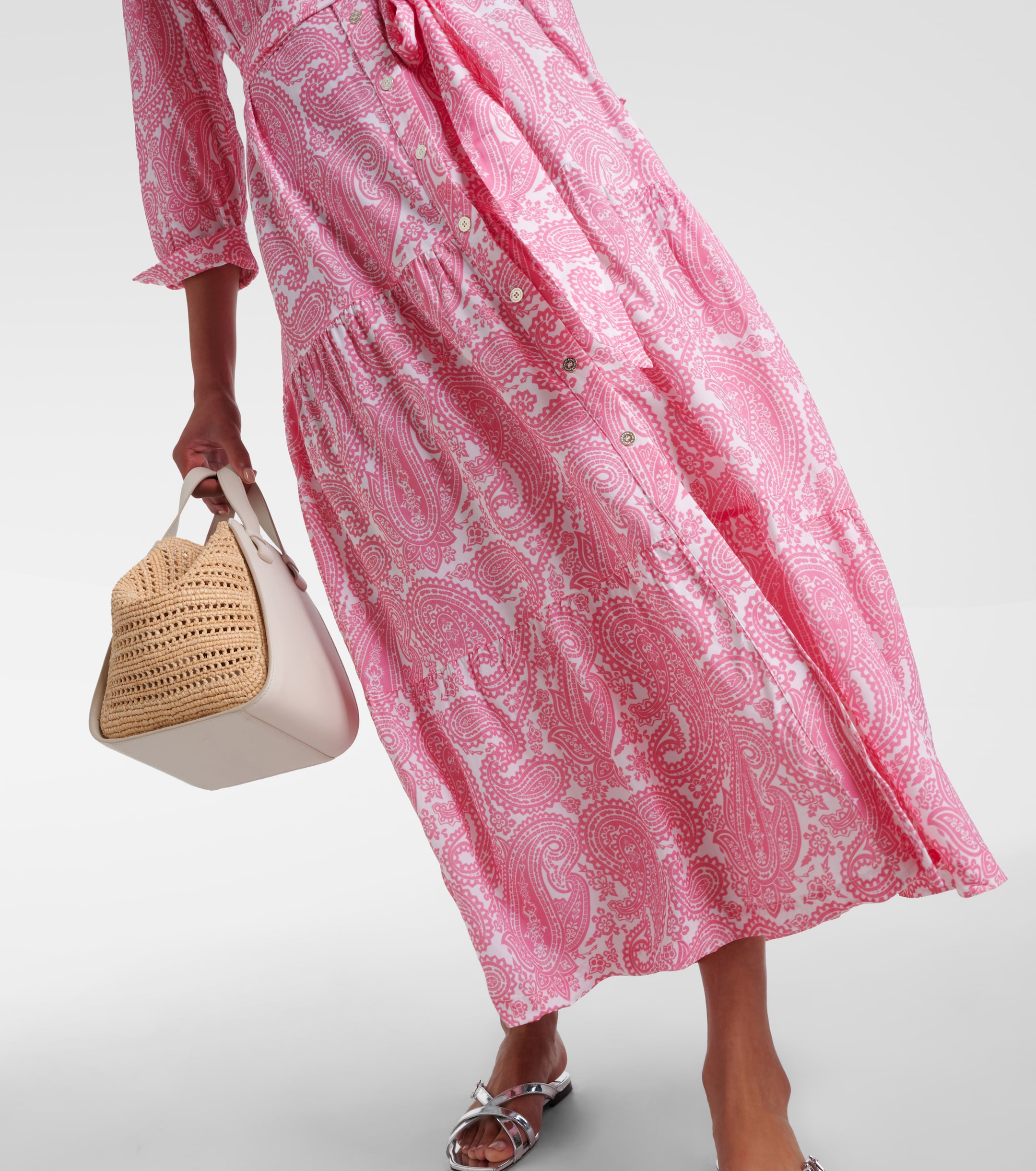 pink paisley shirt dress  100% Cotton Printed Shirt Dress  This beautiful 100% cotton dress  features a soft pink base with delicate white paisley and floral prints,  giving it a fresh, feminine look. Designed in