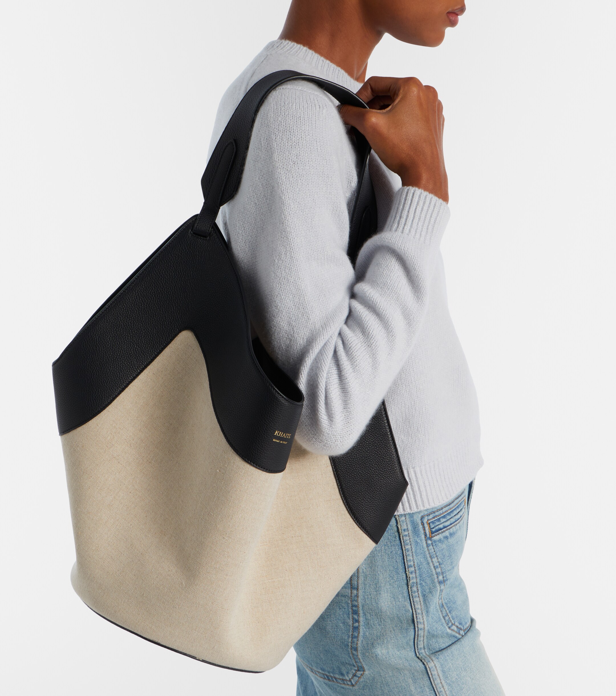 KHAITE Lotus Medium leather-trimmed canvas tote bag