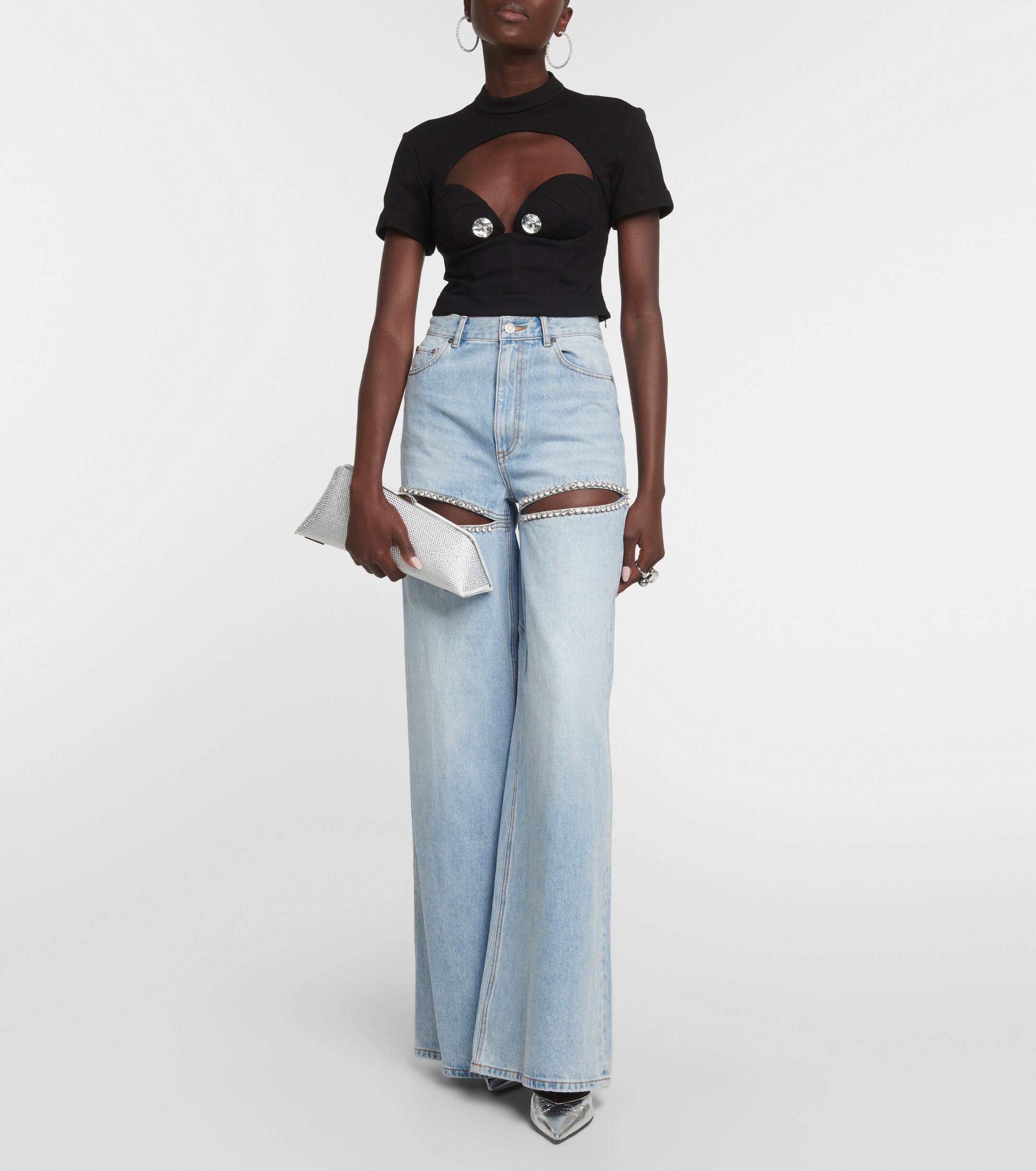 Area Cutout embellished high-rise wide-leg jeans