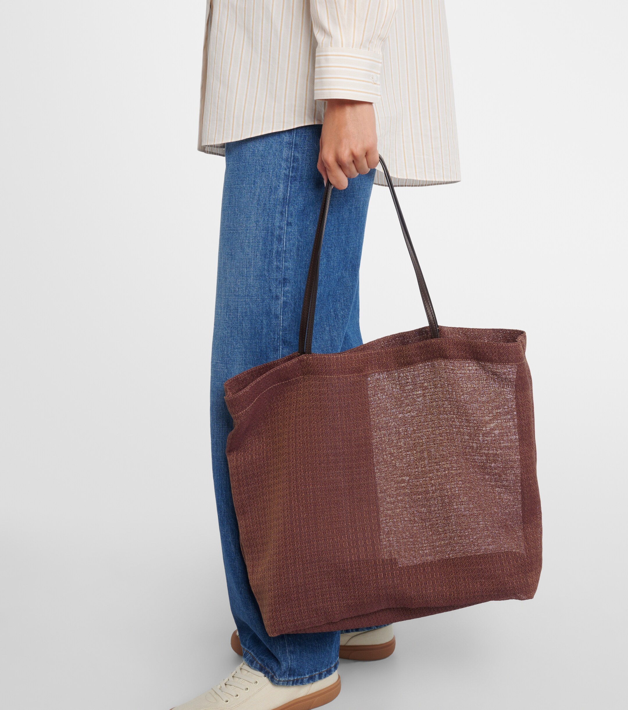 The Row Barn leather-trimmed mesh tote bag