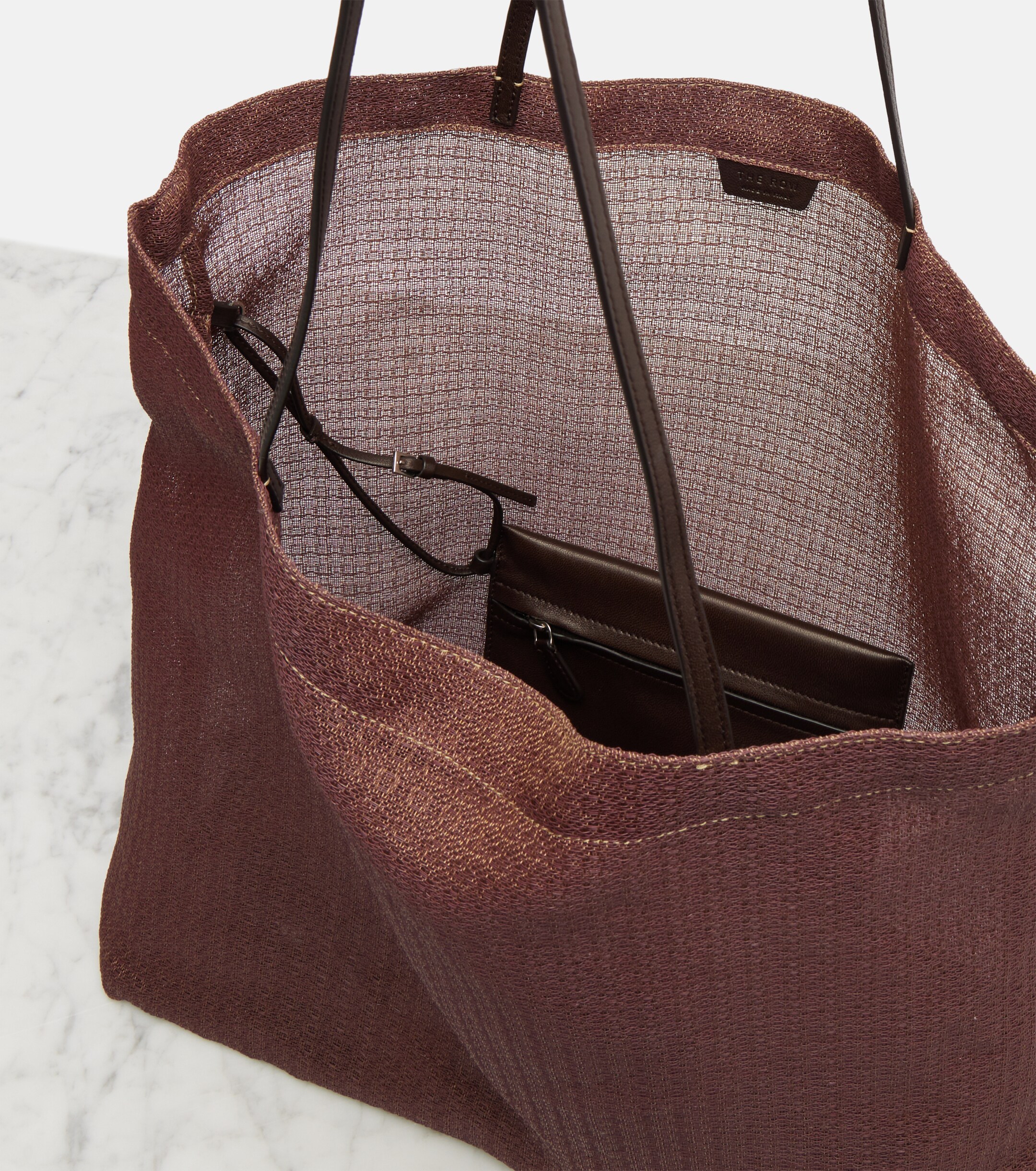 The Row Barn leather-trimmed mesh tote bag