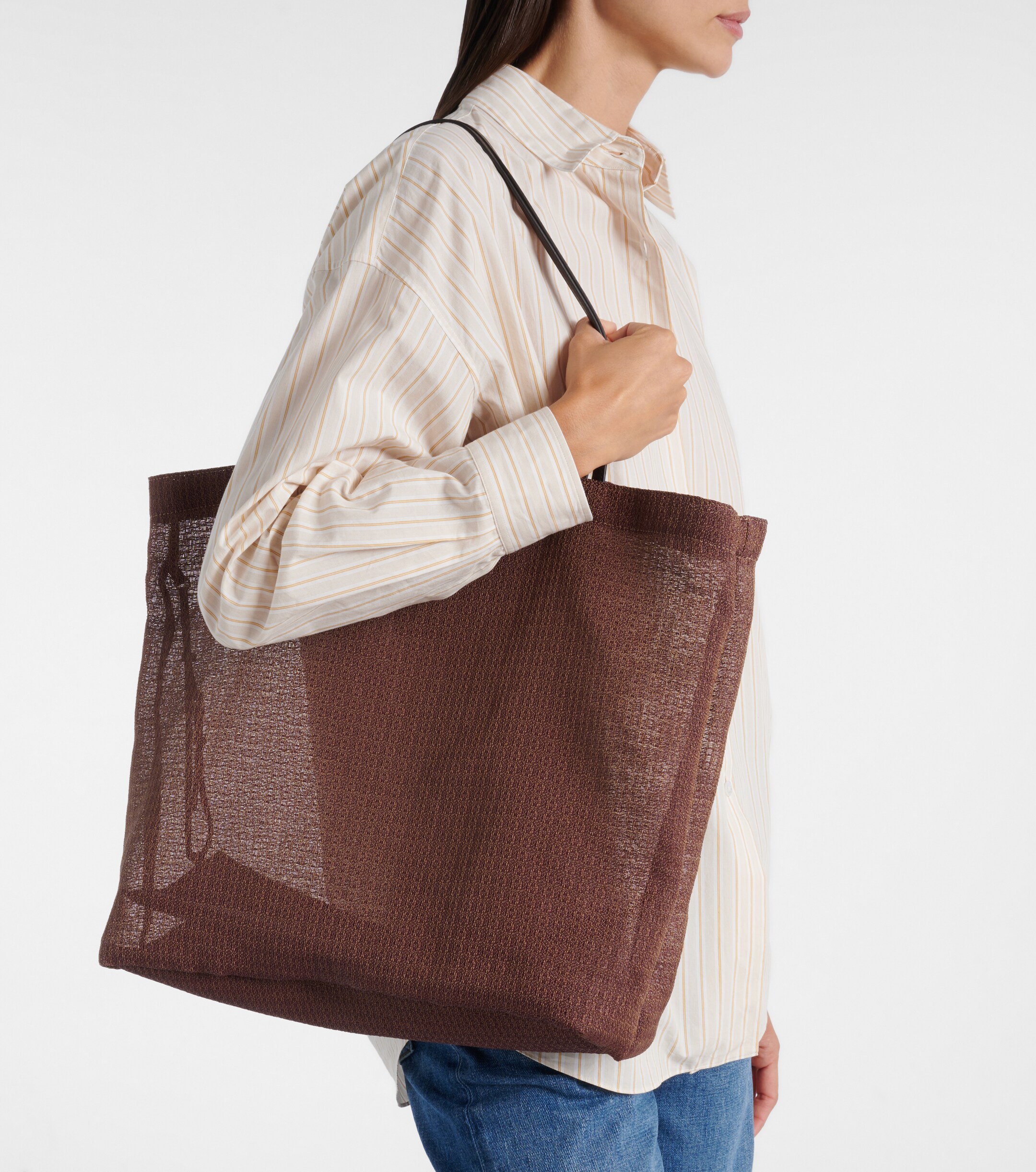 The Row Barn leather-trimmed mesh tote bag
