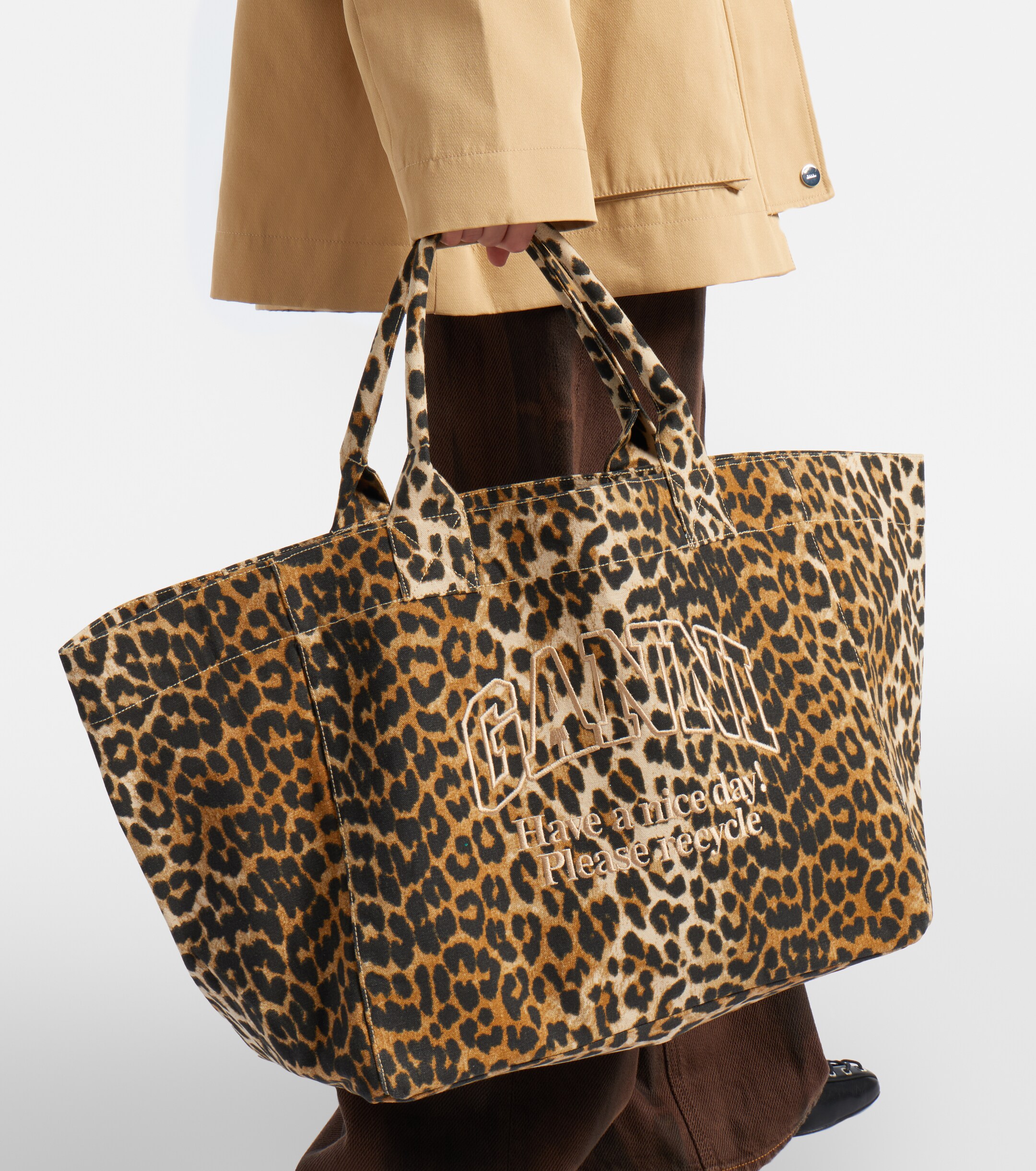 GANNI Large leopard-print canvas tote bag