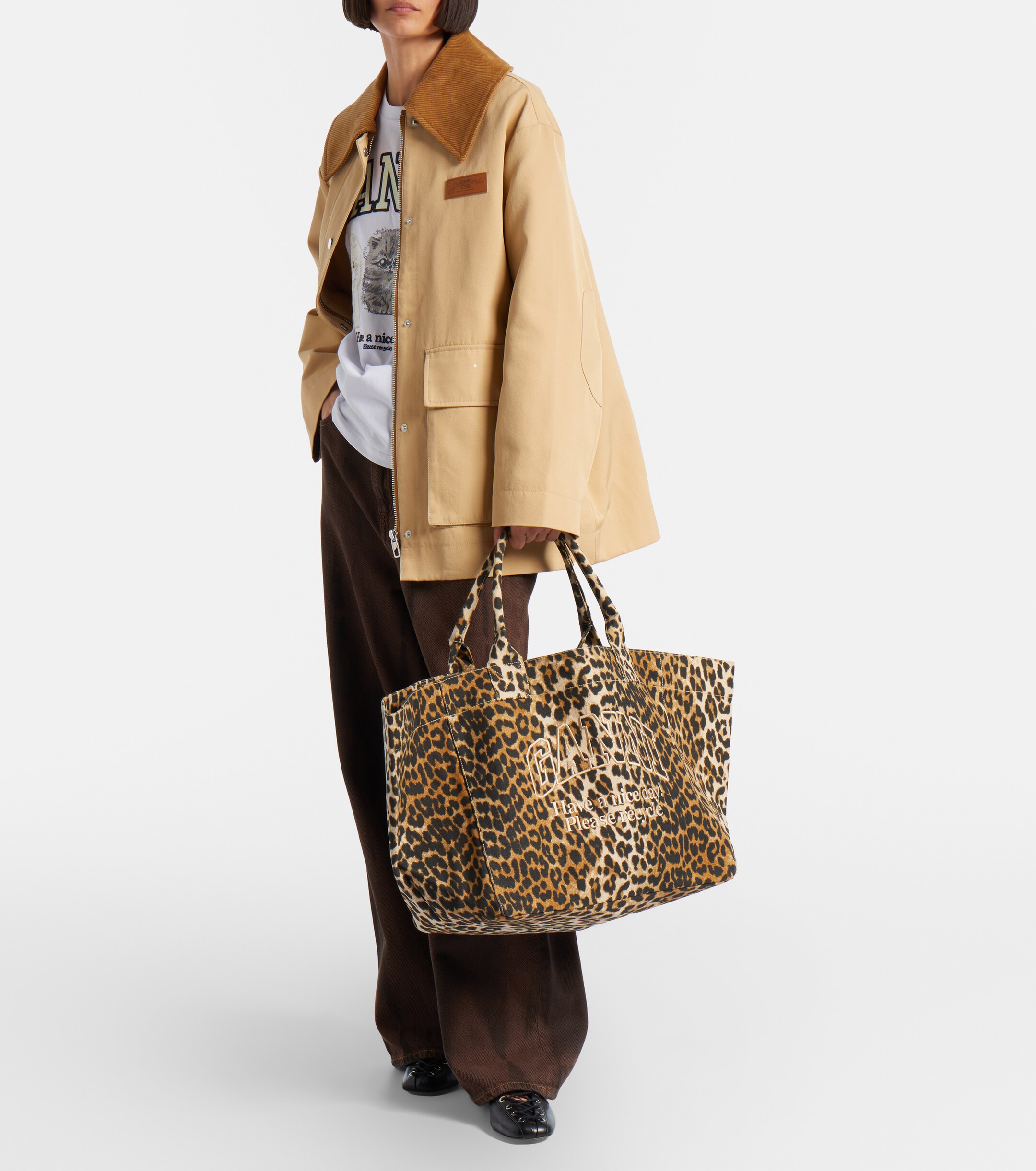 GANNI Large leopard-print canvas tote bag