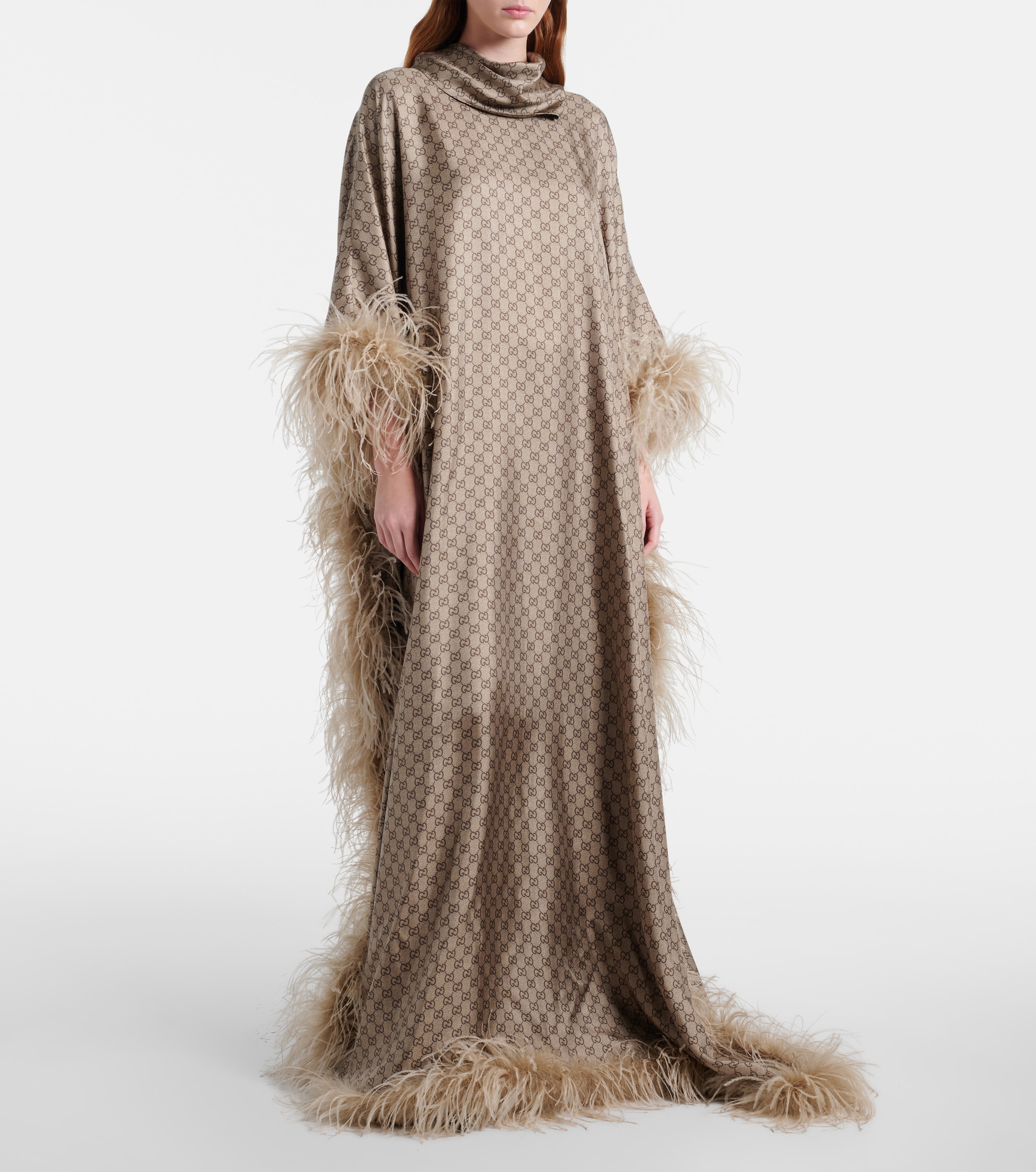 Gucci GG feather-trimmed silk twill kaftan