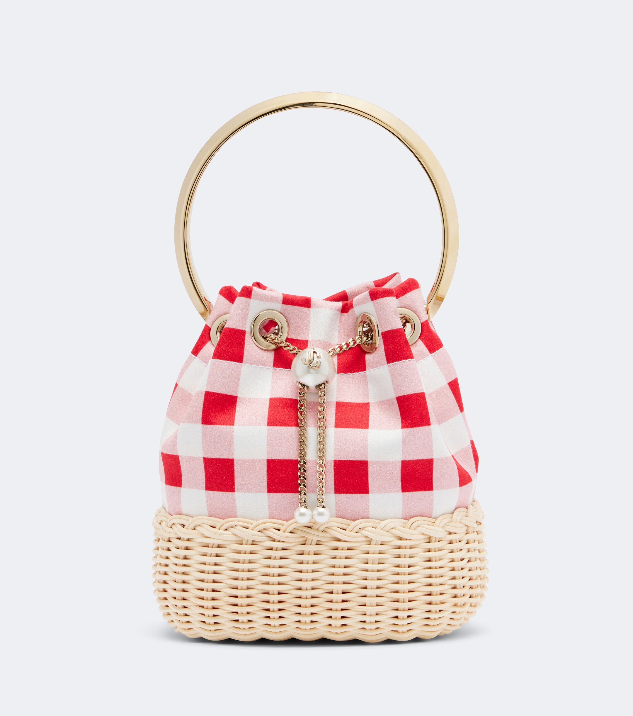 JIMMY CHOO Bon Bon gingham canvas and wicker bucket bag