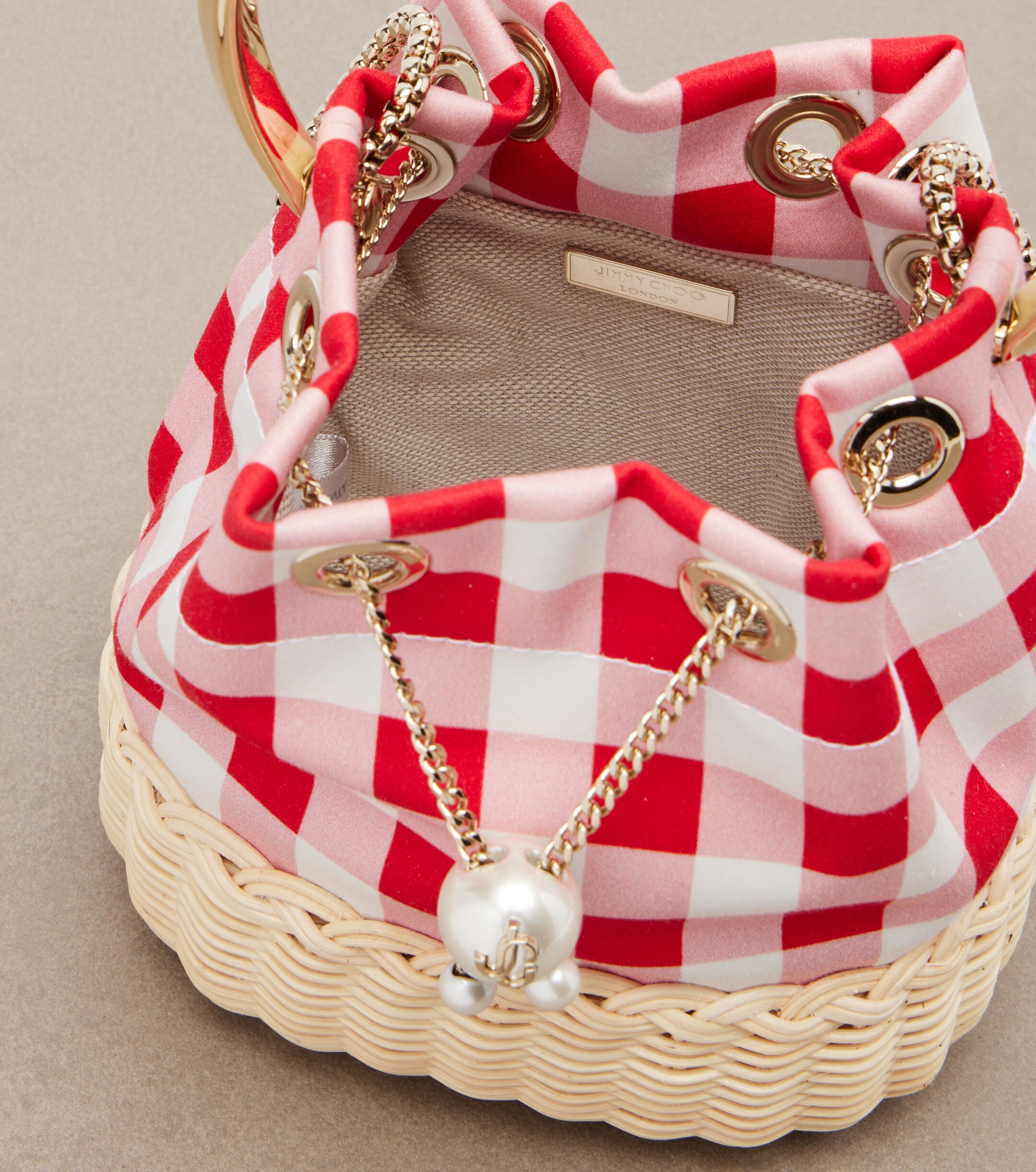 JIMMY CHOO Bon Bon gingham canvas and wicker bucket bag