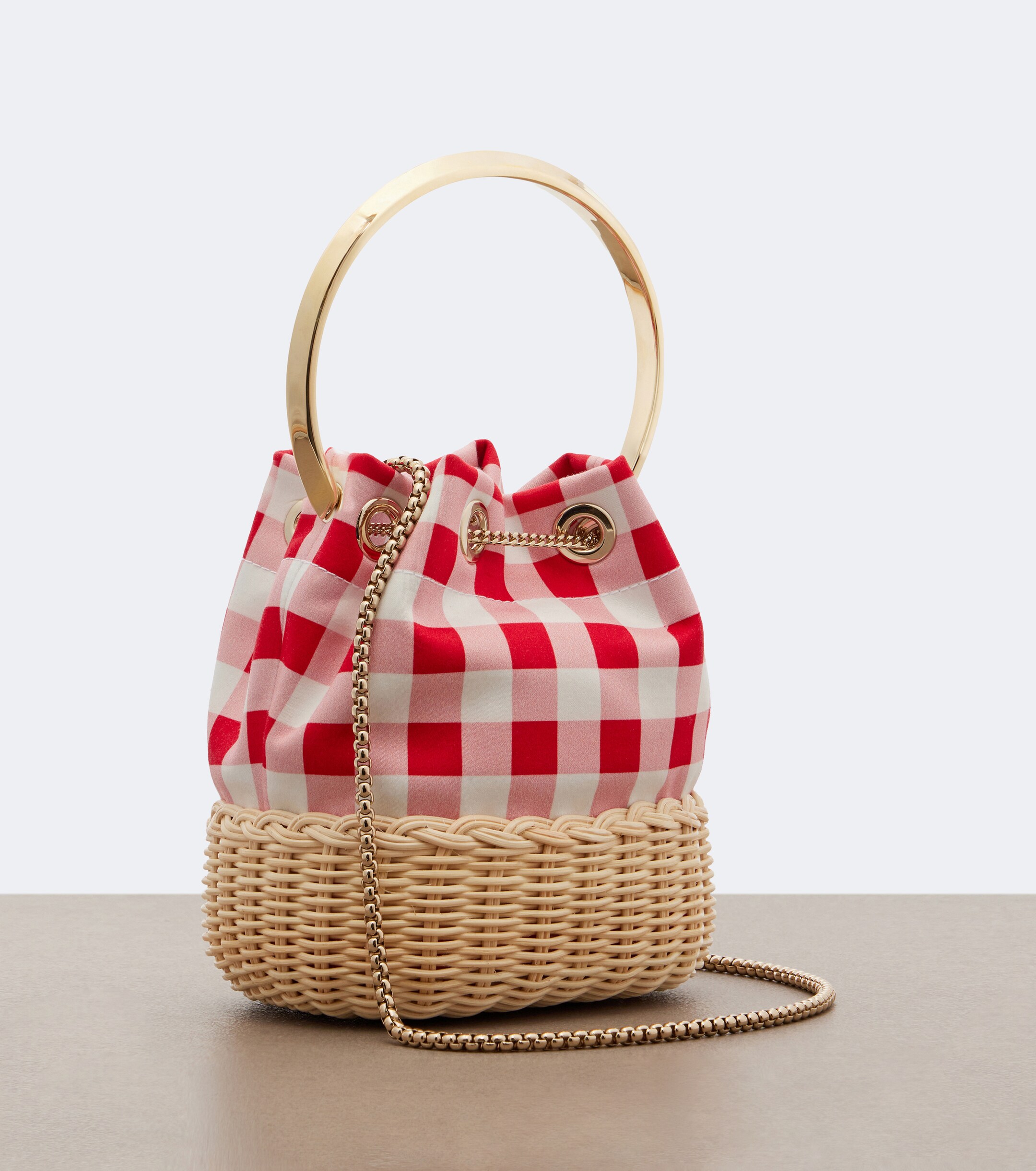 JIMMY CHOO Bon Bon gingham canvas and wicker bucket bag