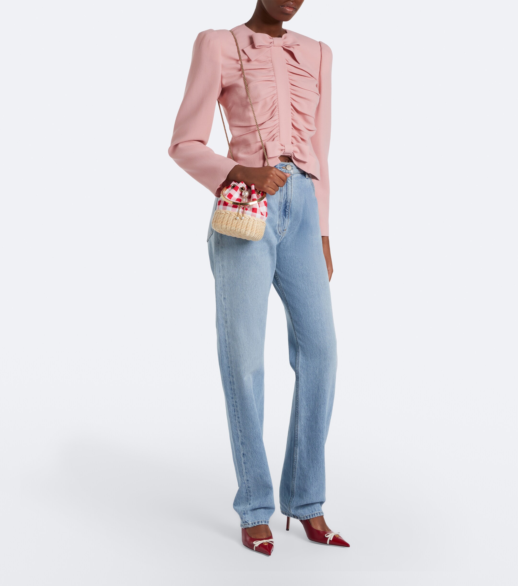 JIMMY CHOO Bon Bon gingham canvas and wicker bucket bag
