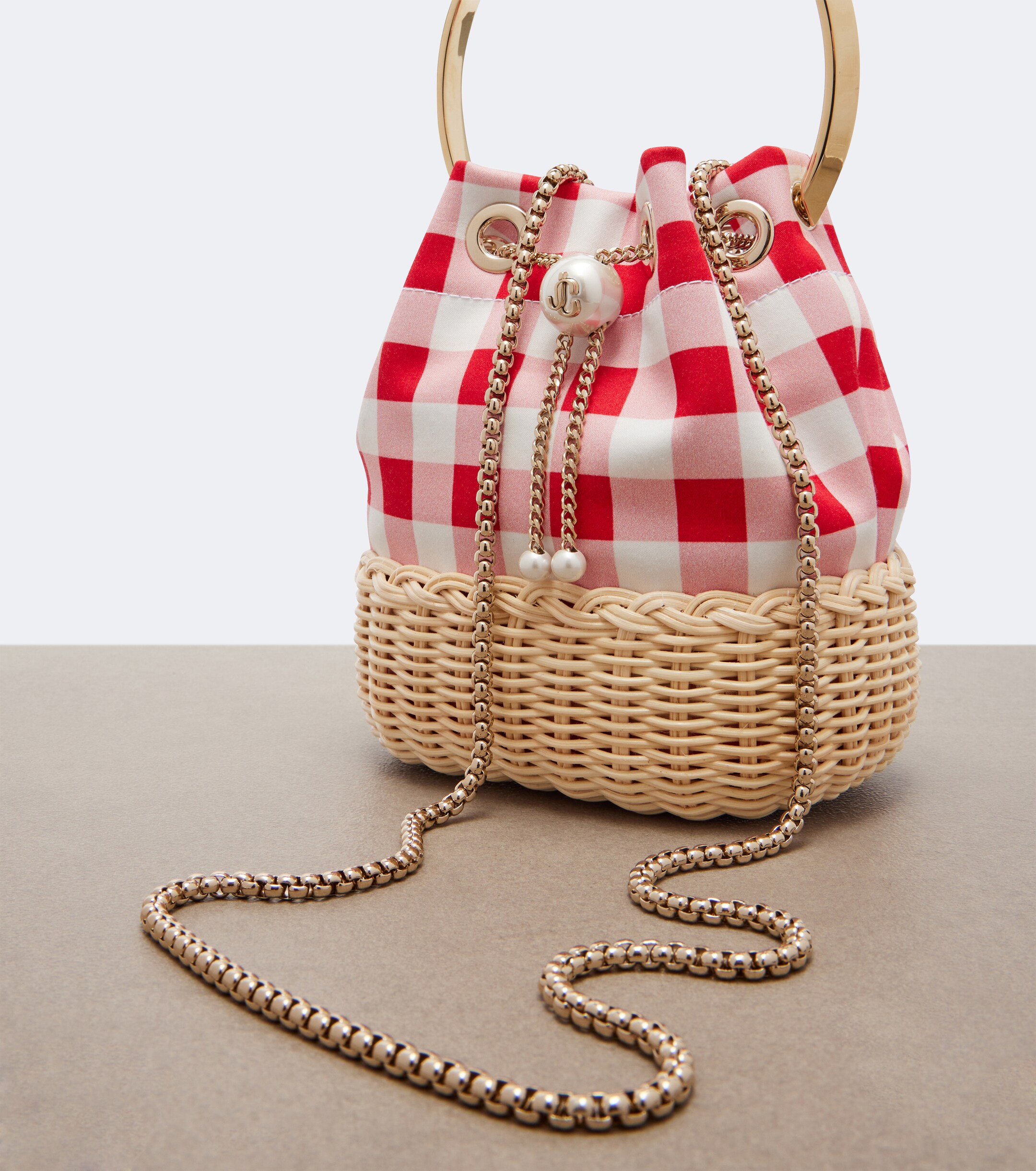 JIMMY CHOO Bon Bon gingham canvas and wicker bucket bag
