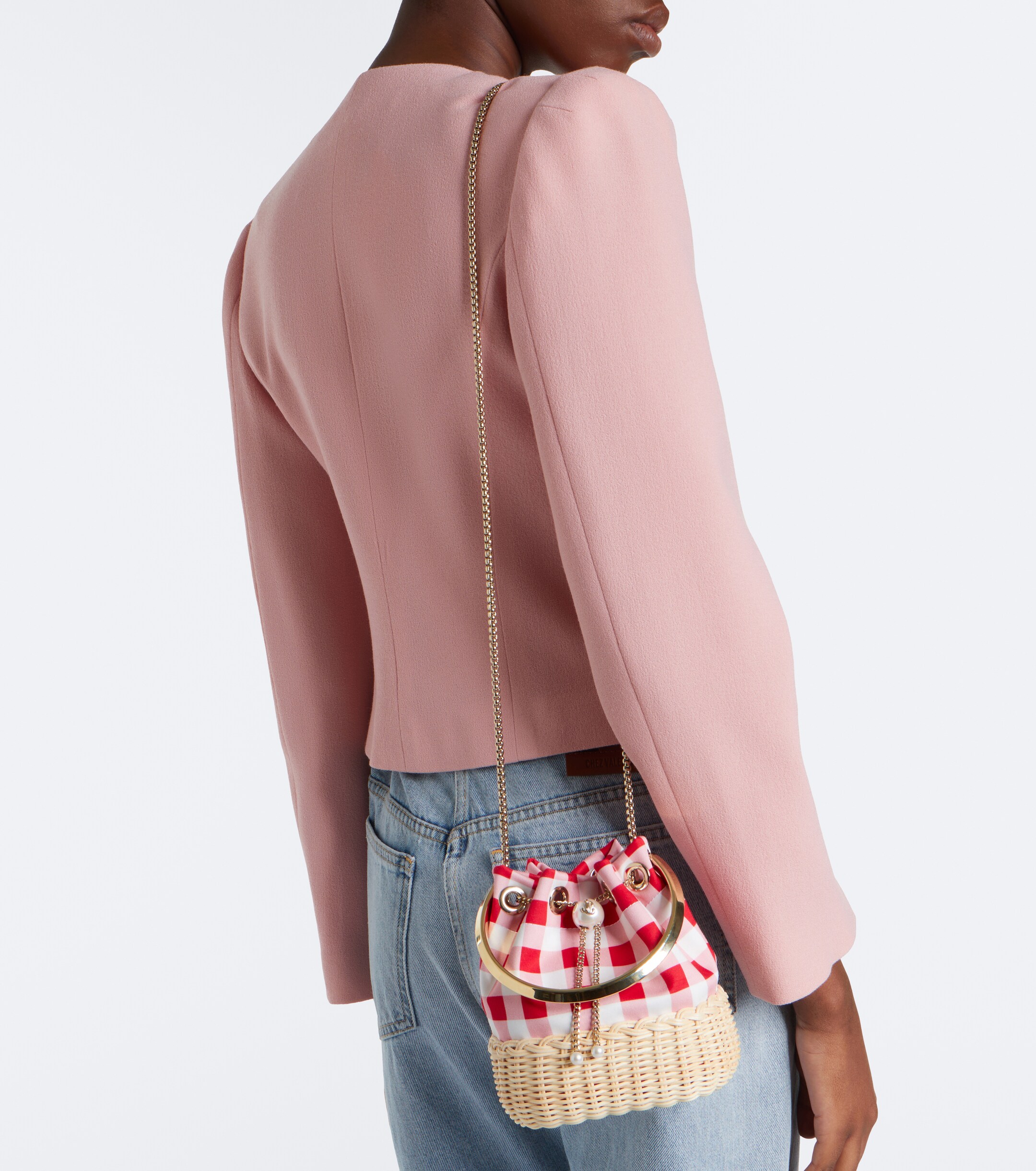 JIMMY CHOO Bon Bon gingham canvas and wicker bucket bag