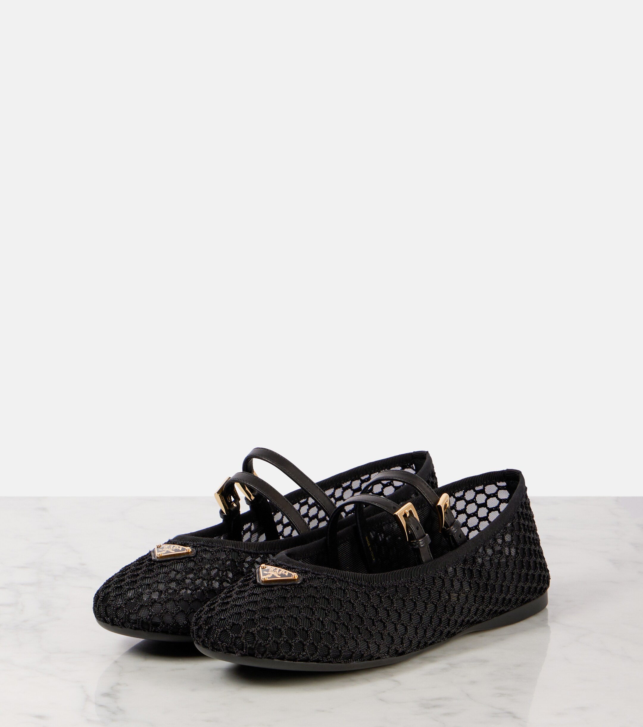 Prada Logo leather-trimmed mesh ballet flats