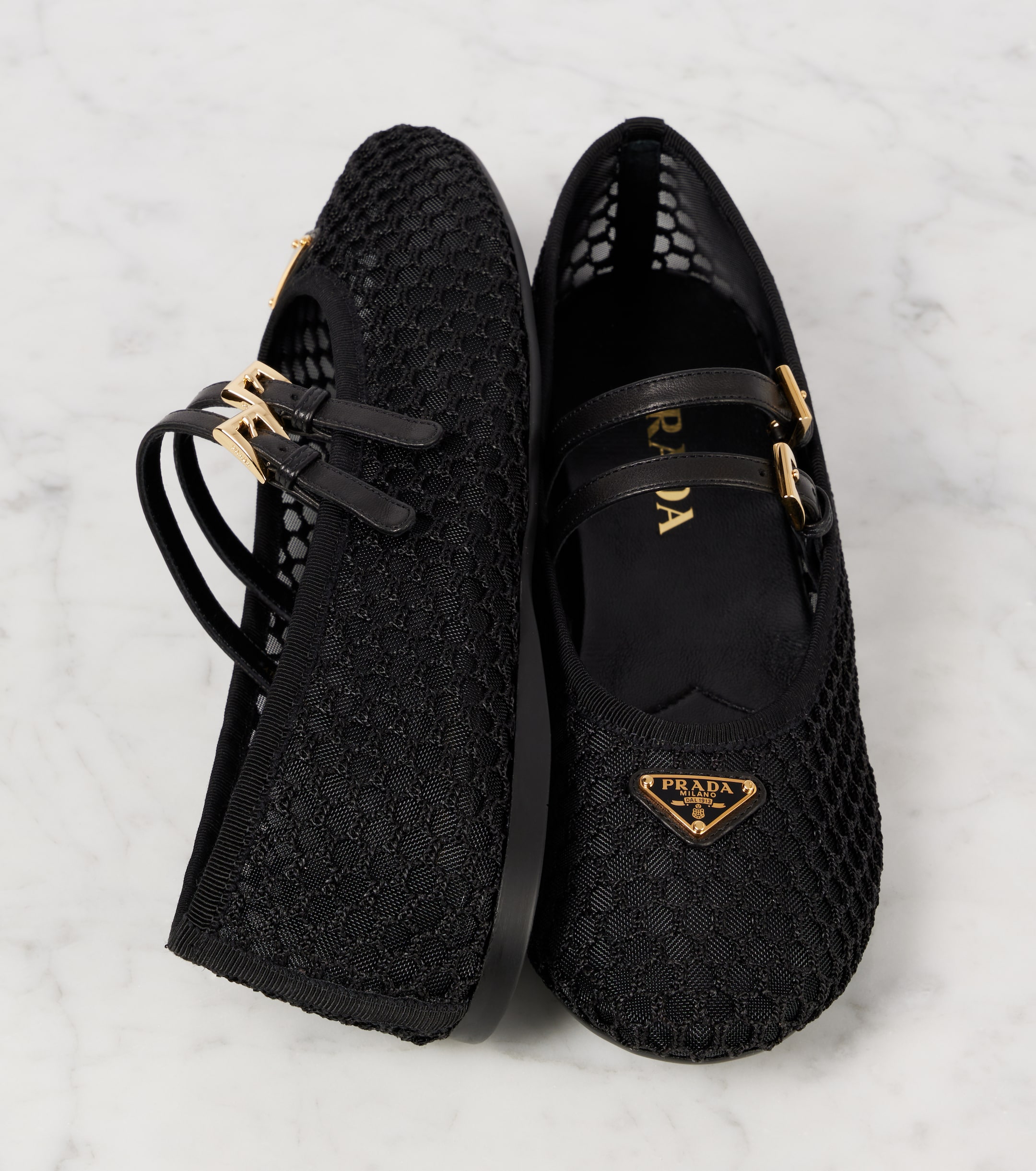 Prada Logo leather-trimmed mesh ballet flats