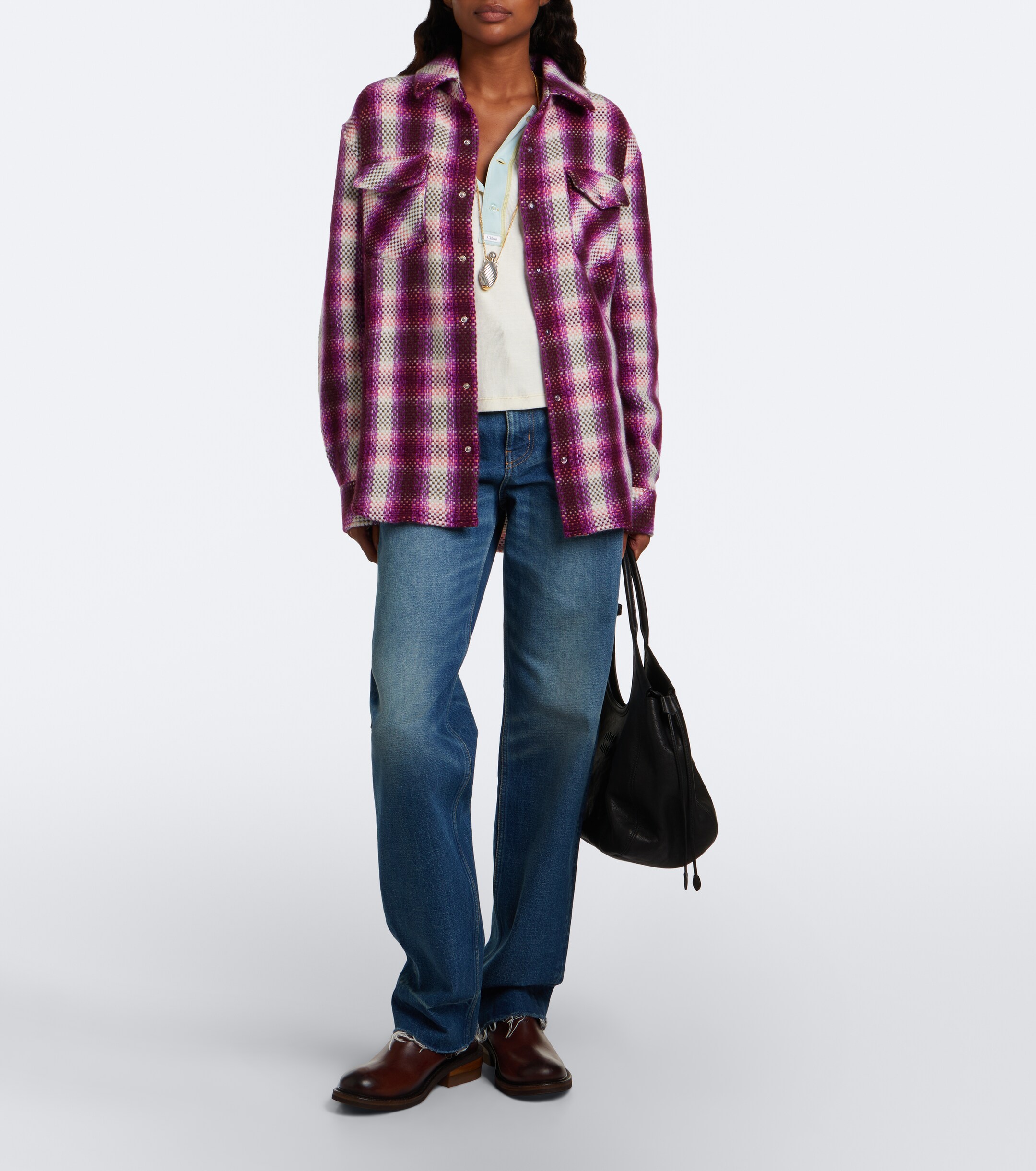 God's True Cashmere God's True Cashmere Frontier plaid cashmere shirt with amethysts
