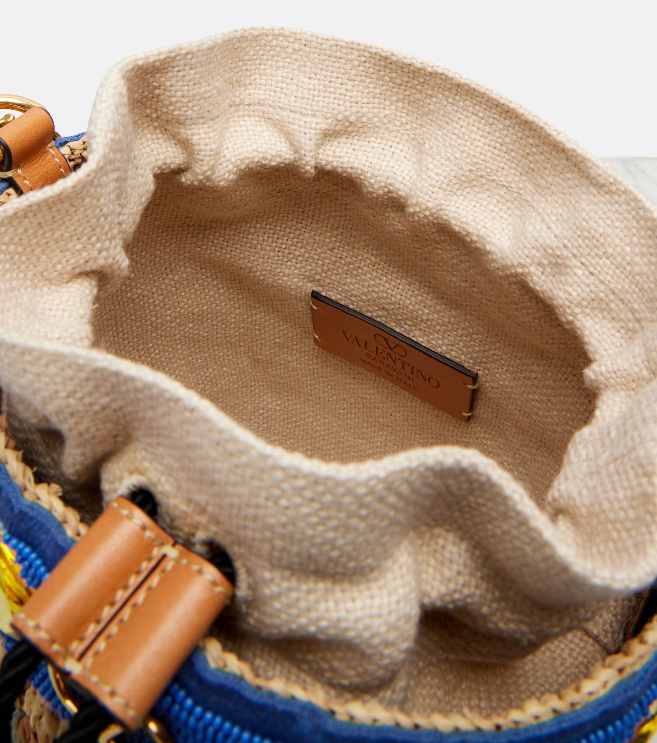 Valentino Garavani VLogo Small embellished raffia-effect bucket bag thumbnail