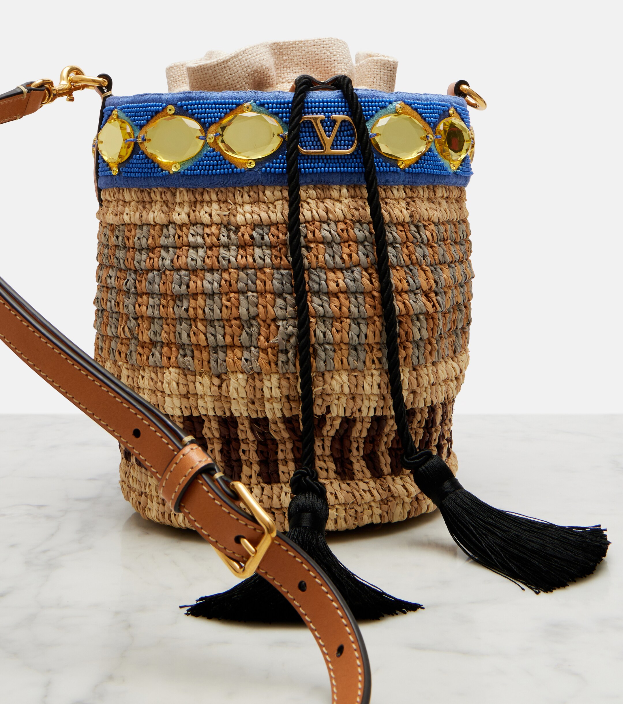 Valentino Garavani VLogo Small embellished raffia-effect bucket bag thumbnail