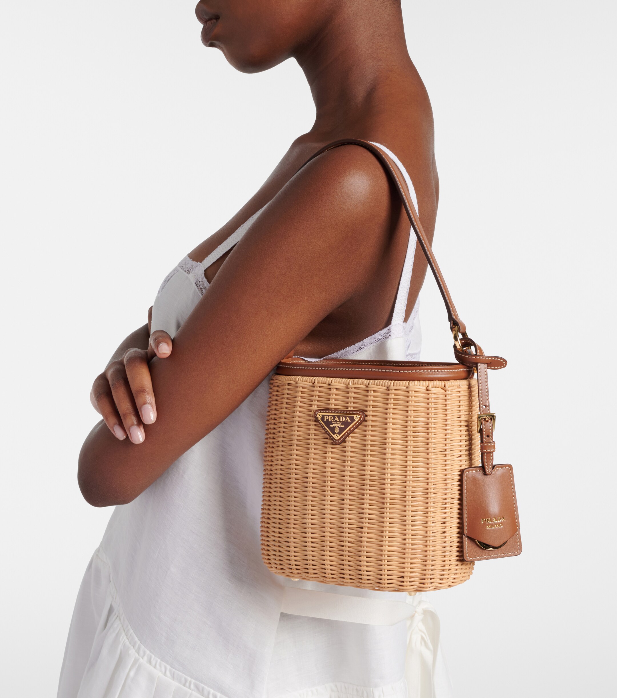 Prada Leather-trimmed wicker bucket bag