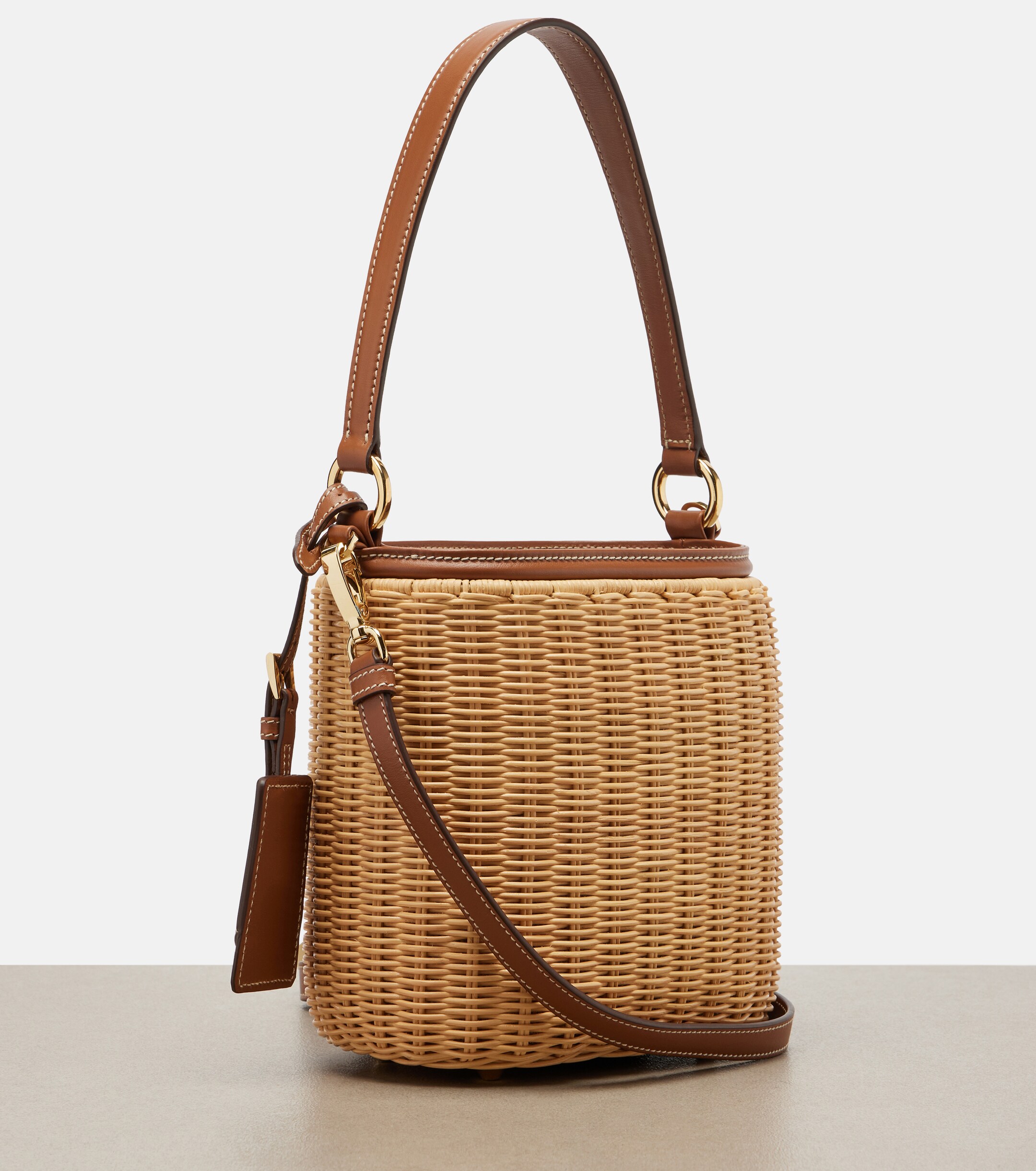 Prada Leather-trimmed wicker bucket bag