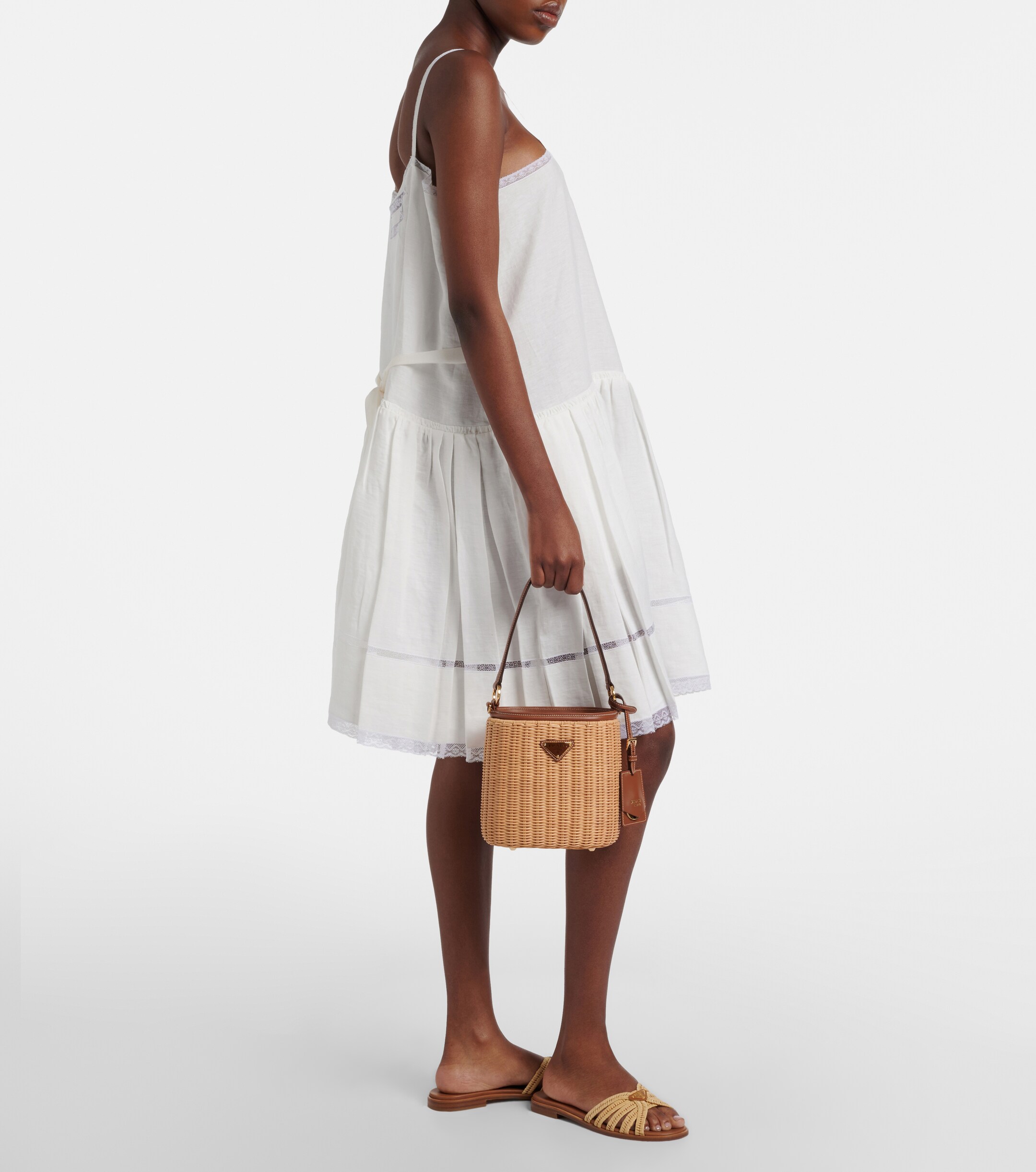Prada Leather-trimmed wicker bucket bag