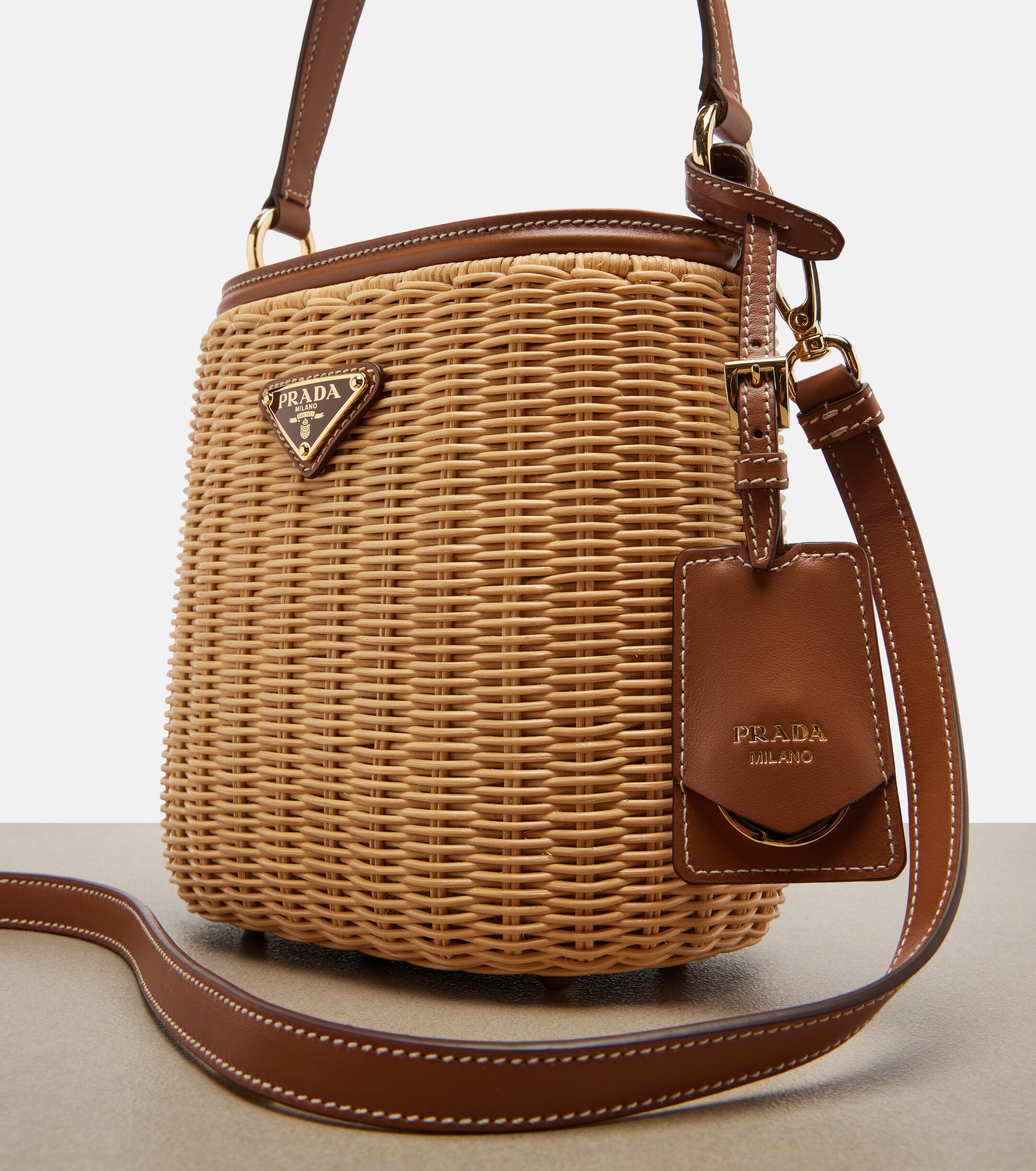 Prada Leather-trimmed wicker bucket bag
