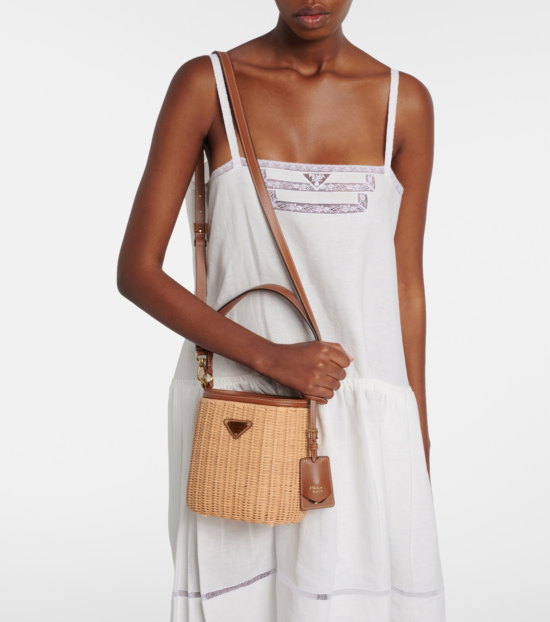 Prada Leather-trimmed wicker bucket bag