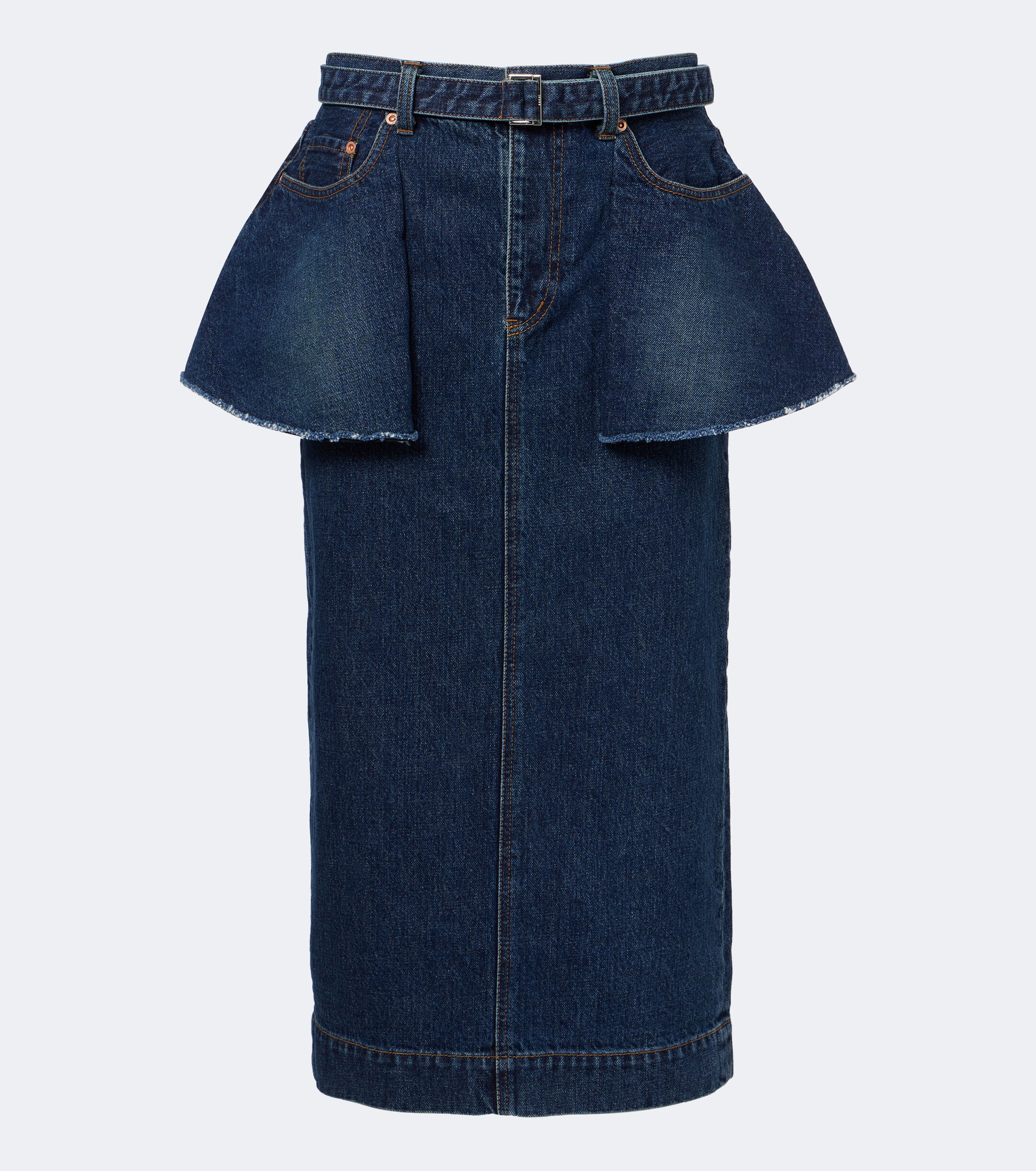Sacai Sacai Belted peplum denim midi skirt