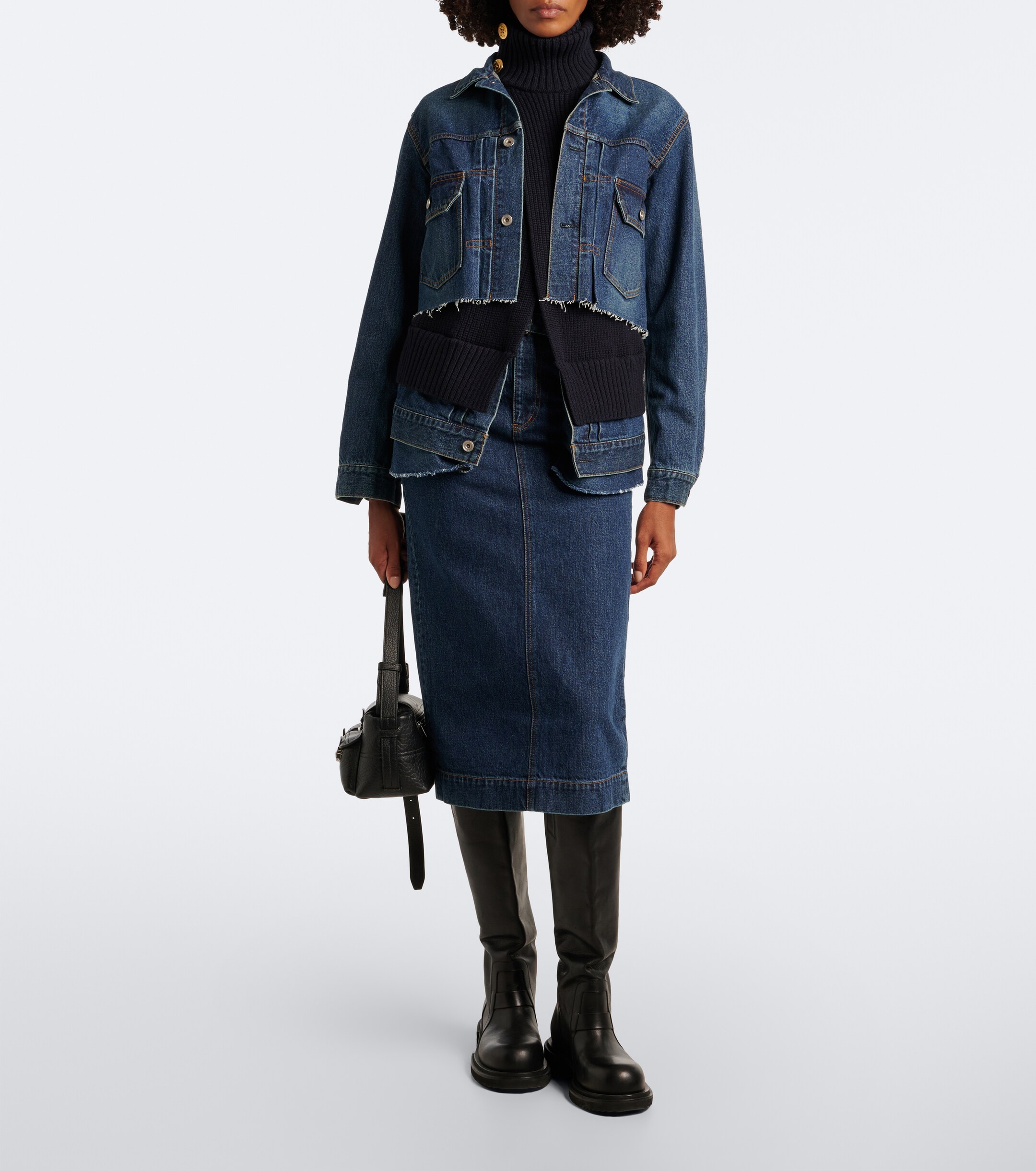 Sacai Sacai Belted peplum denim midi skirt