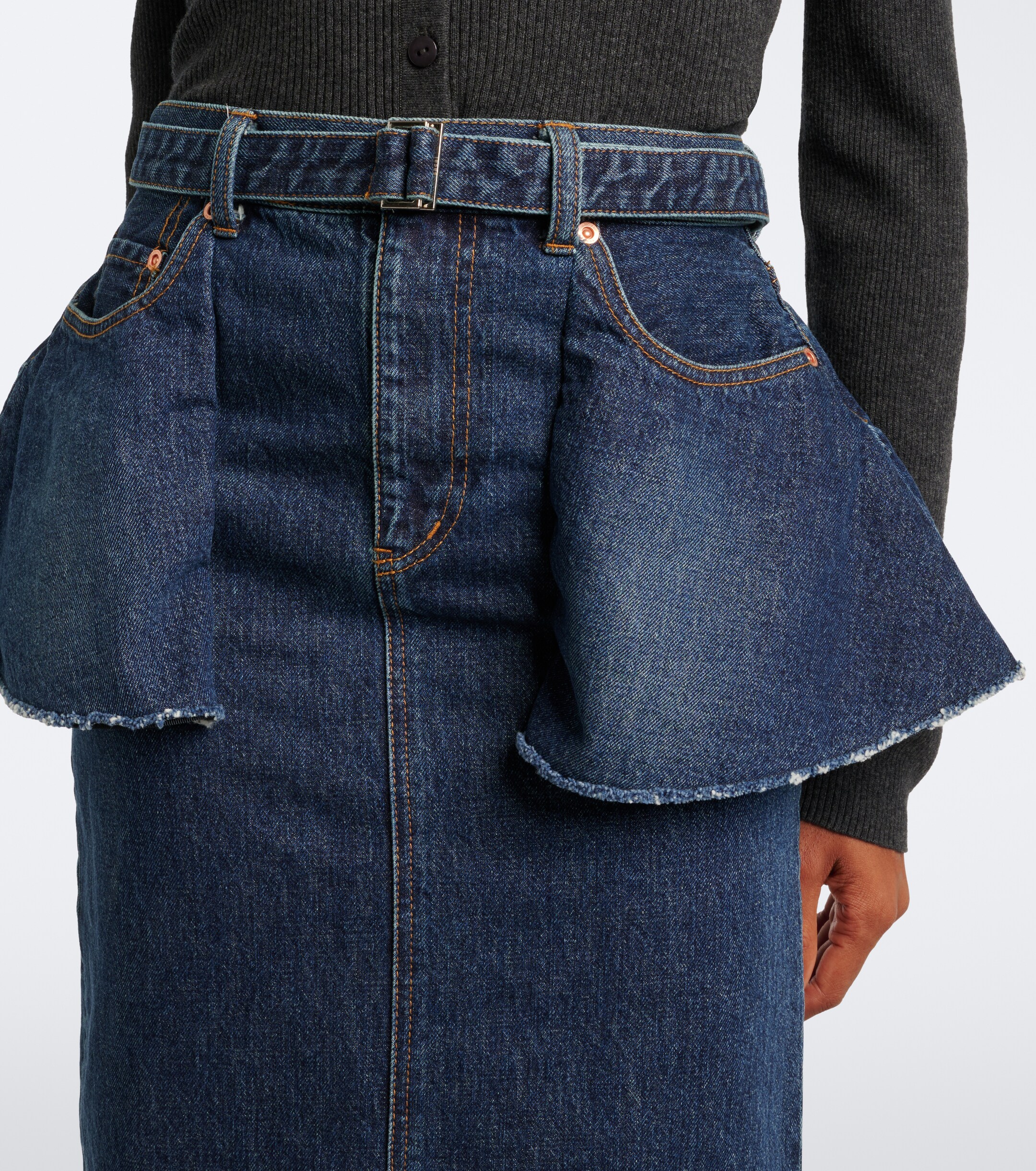 Sacai Sacai Belted peplum denim midi skirt