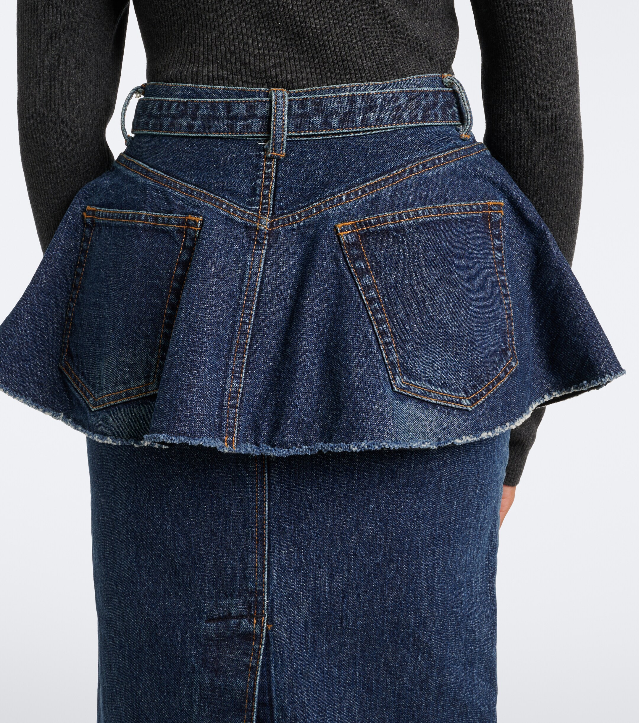 Sacai Sacai Belted peplum denim midi skirt